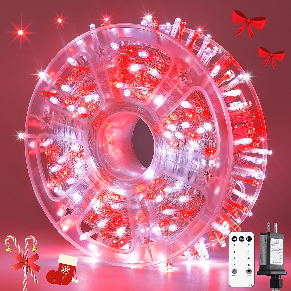 JMEXSUSS 400 LED Red and White Christmas Lights Outdoor with Remote