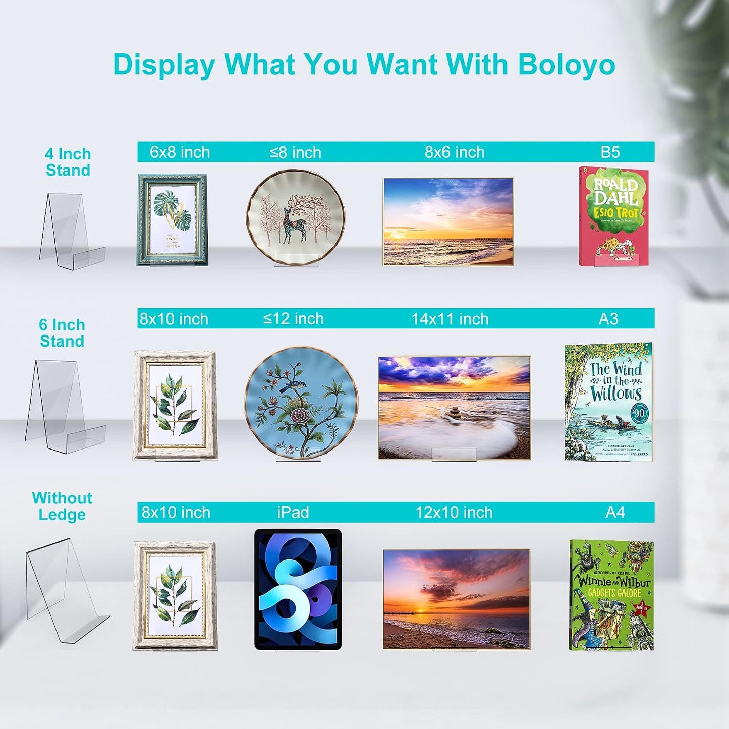 Boloyo Acrylic Book Stand with Ledge,10PC Clear Acrylic Display Easel Transparent Display Stand Holder Tablet Holder