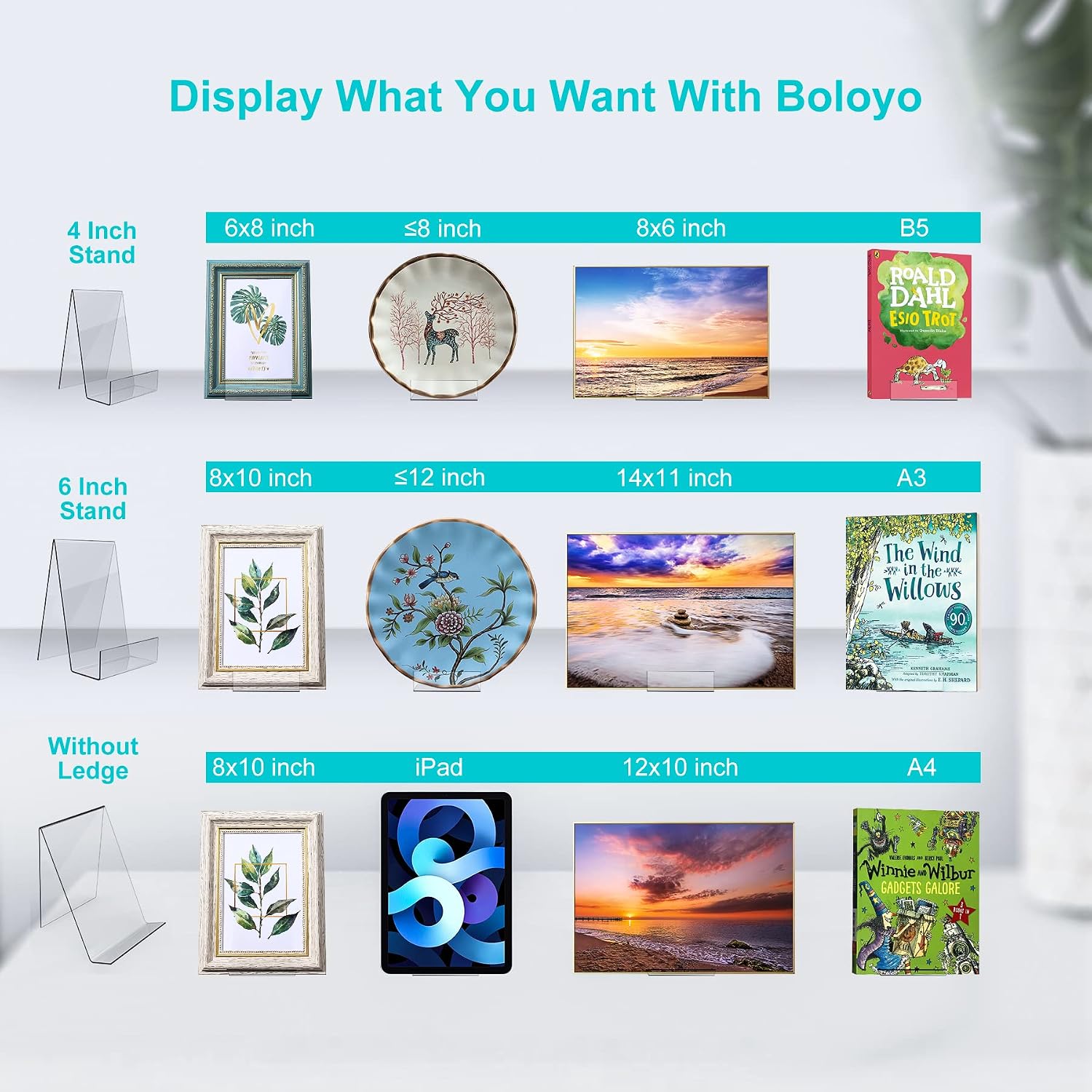 Boloyo Acrylic Book Stand with Ledge,10PC Clear Acrylic Display Easel Transparent Display Stand Holder Tablet Holder