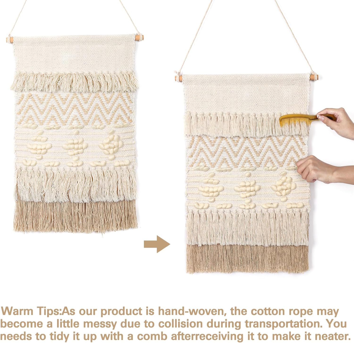 Macrame Woven Wall Hanging Home Decor Bohemian Beige Geometric Wave Art Decor / Beige Wool Ball