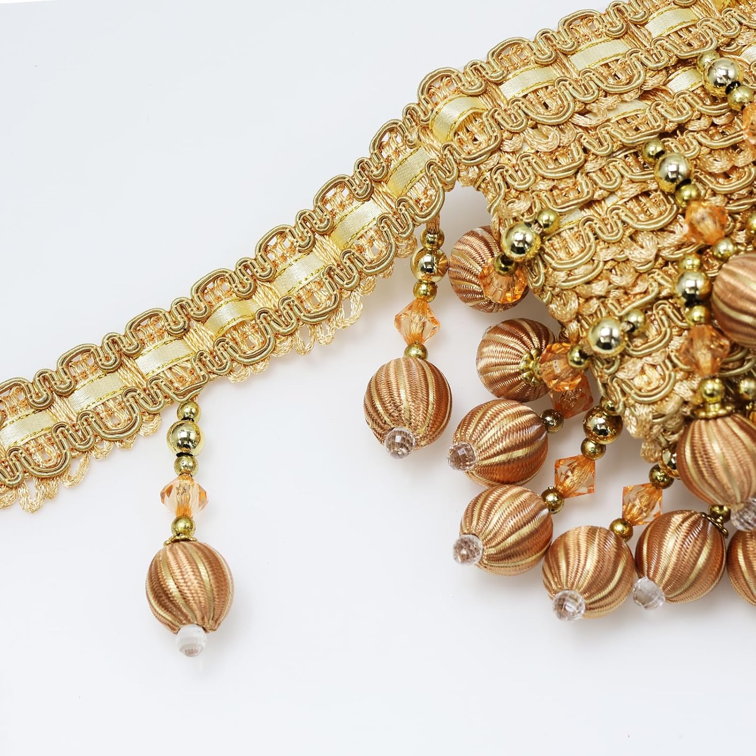 4 Yard Beaded Pendant Hanging Ball Tassel Fringe Trim Macrame for Curtain Tablecloth Home / Gold