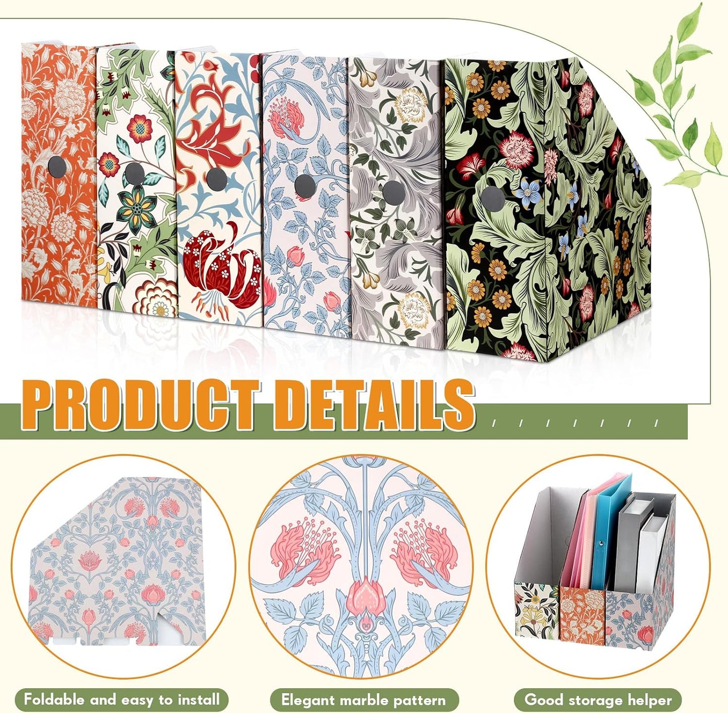 PerKoop 6 Pcs Decorative Magazine File Holders Floral Foldable File Folders Magazine Storage Boxes Rack Desk Organizer