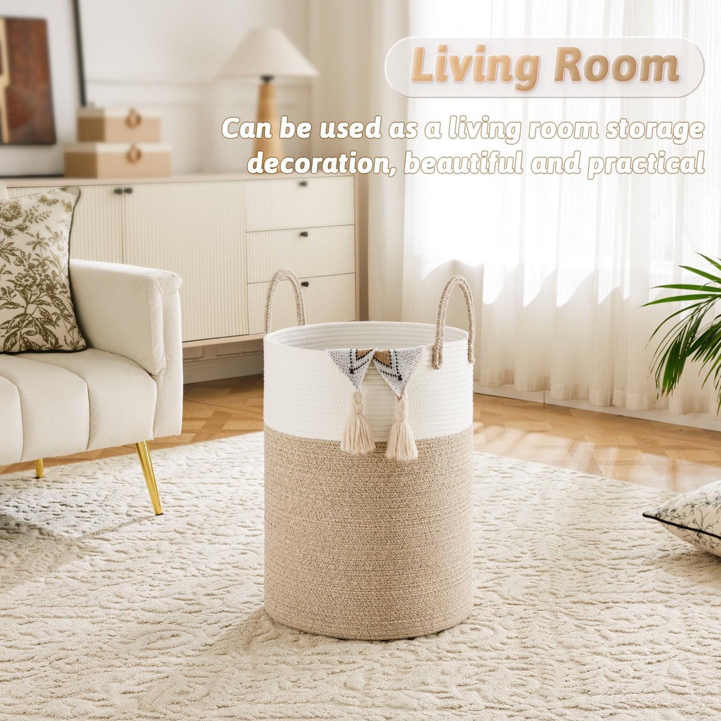 Laundry Basket / Woven Cotton Rope Laundry Hamper / Brown / 60L