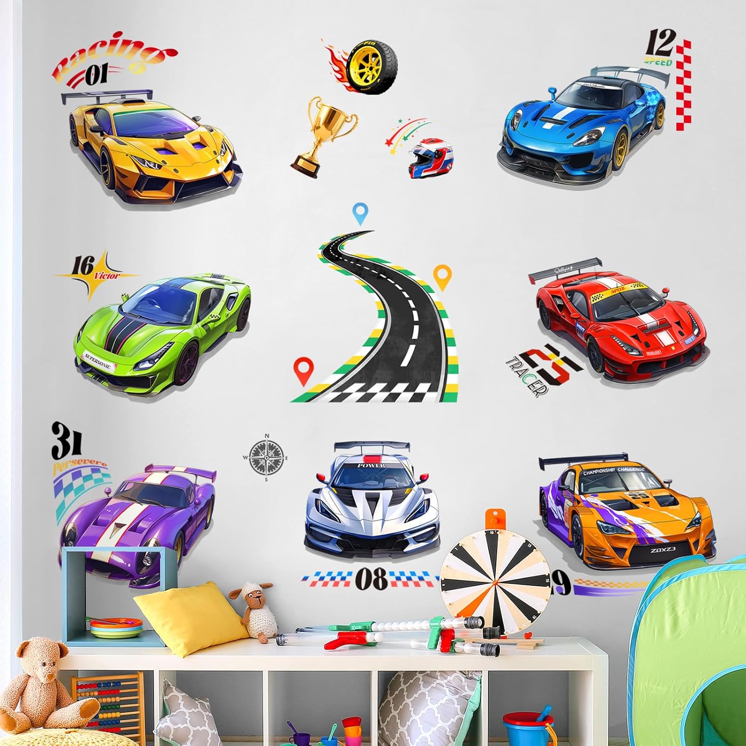 Racing Car Wall Decals Roads Vehicles Wall Stickers Vinyl Peel and Stick Art Decor for Boys Bedroom