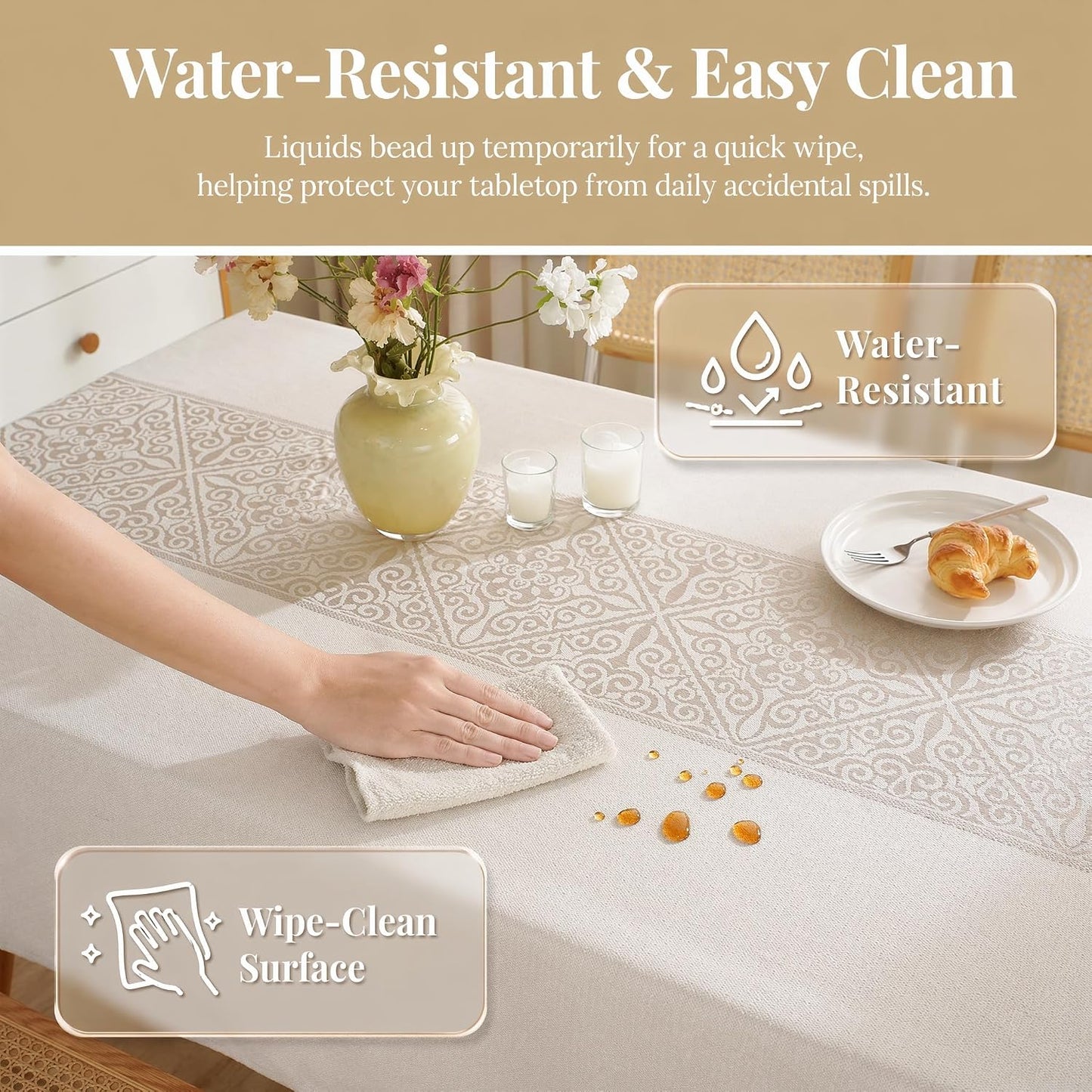 Linen Textured Tablecloth for Rectangle Tables | Heavy Duty Spillproof & Water Resistant Woven Table Cover for