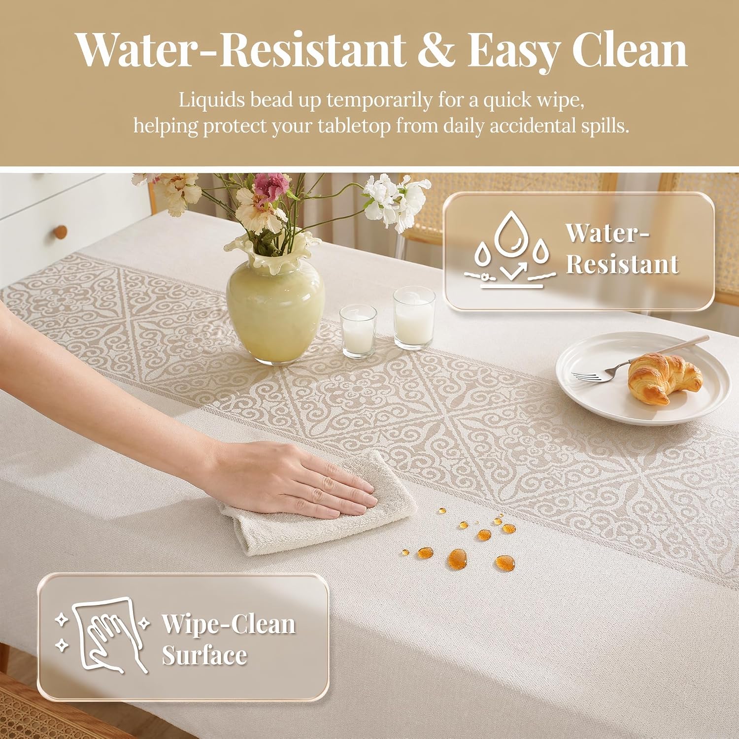Linen Textured Tablecloth for Rectangle Tables | Heavy Duty Spillproof & Water Resistant Woven Table Cover for