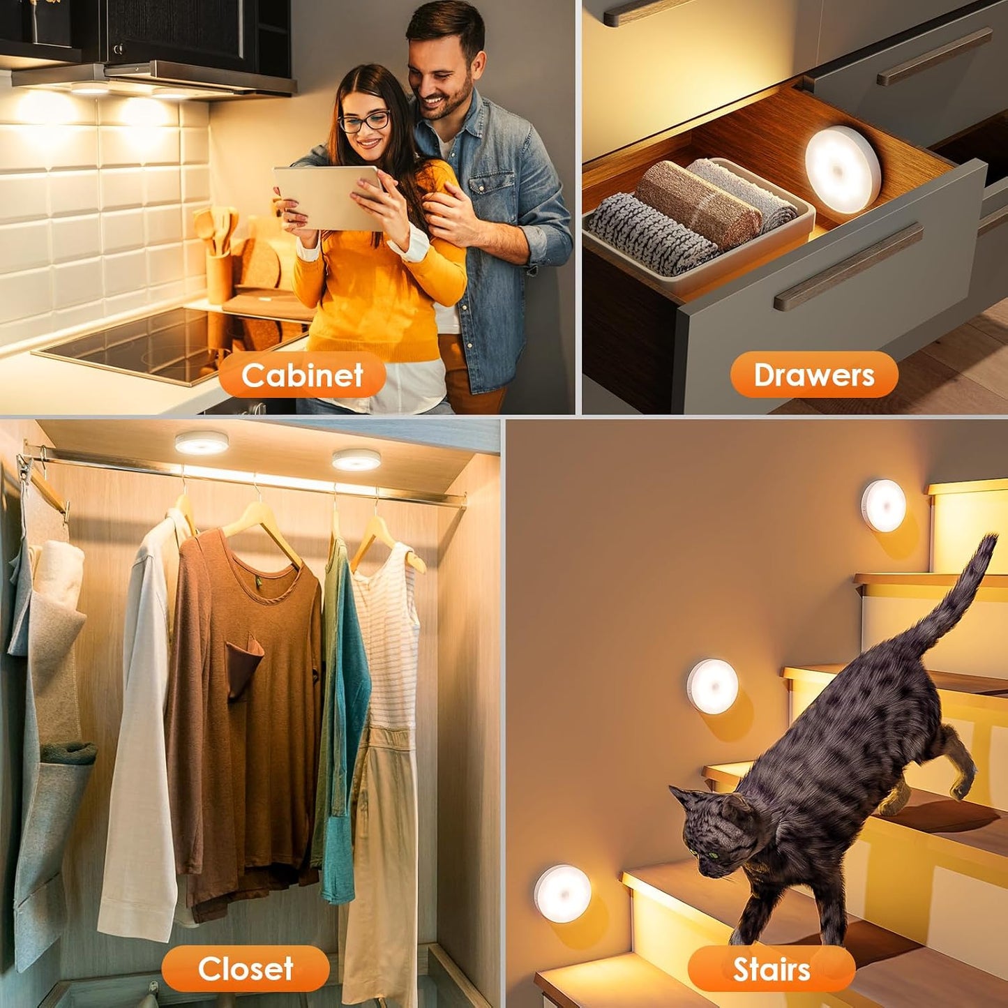 Motion Sensor Puck Light with Remote, Warm White, 8-Pack | Wireless Dimmable, Under Cabinet Lights, Rechargeable