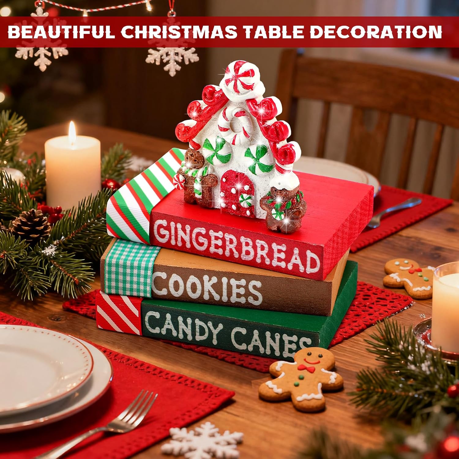 Christmas Table Decoration Resin Gingerbread House Tiered Tray Decor Wood Rustic Gingerbread Block