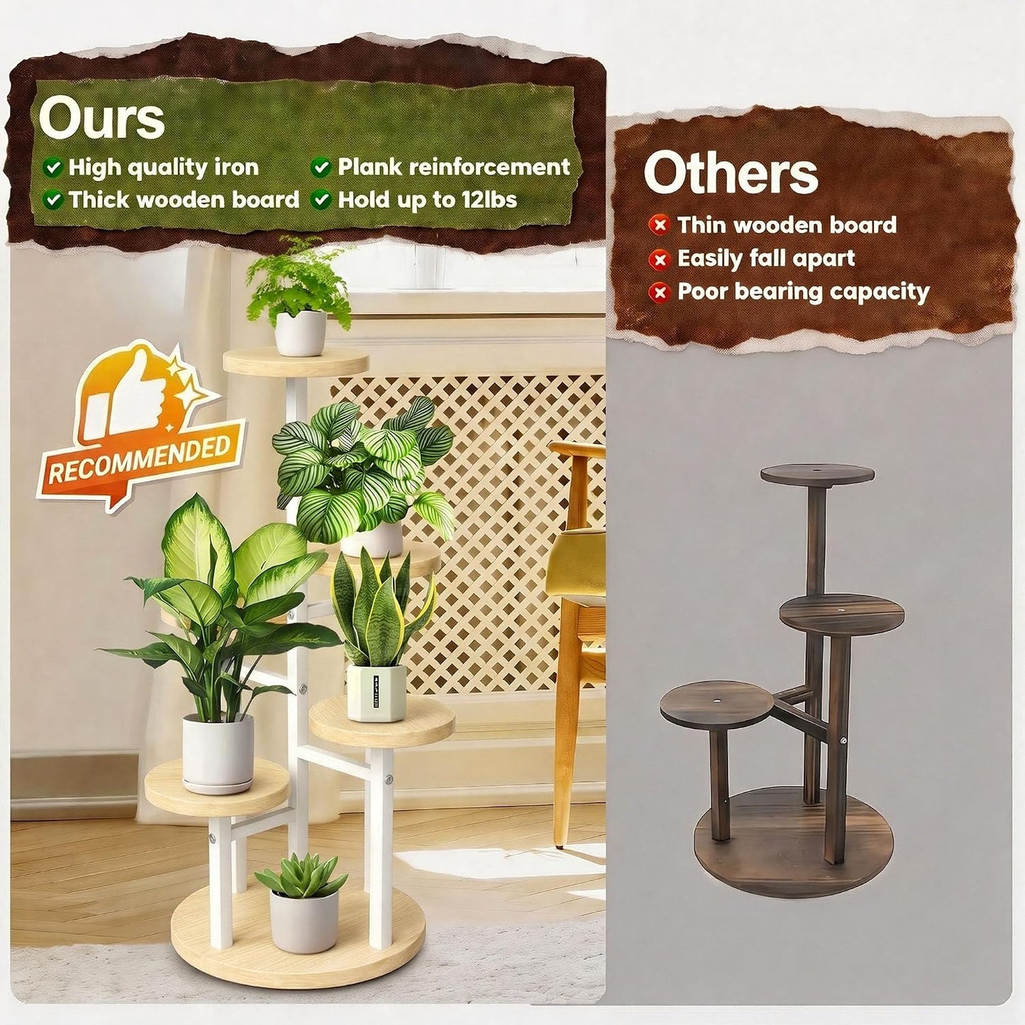 5 Tier Plant Stand Indoor | Metal Wood Plant Stands For Indoor Plants Multiple, Corner Tiered Flower Plants Shelf Stand