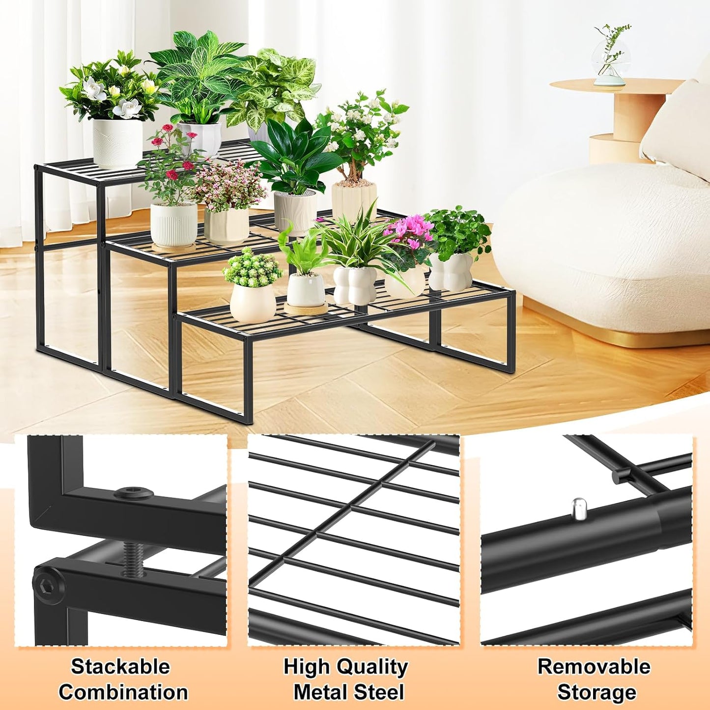 3 Tier Metal Plant Stand Indoor Outdoor, Potted Multiple Flower Pot Holder Rack Plant Shelf, Heavy Duty Planter Display