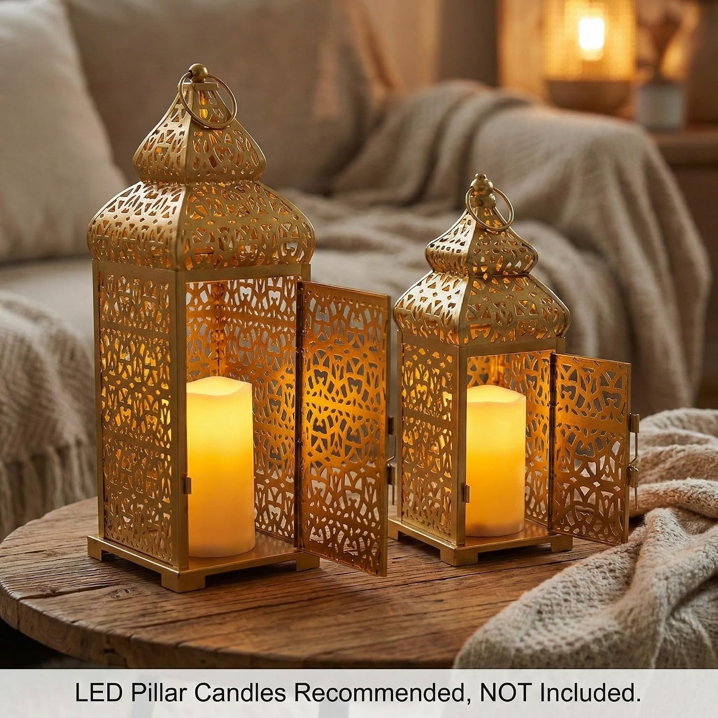 Vela Lanterns Decorative Indoor Moroccan Candle Holders, Gold, Set of 2 | Ramadan, Eid & Islamic Home Decor, Large