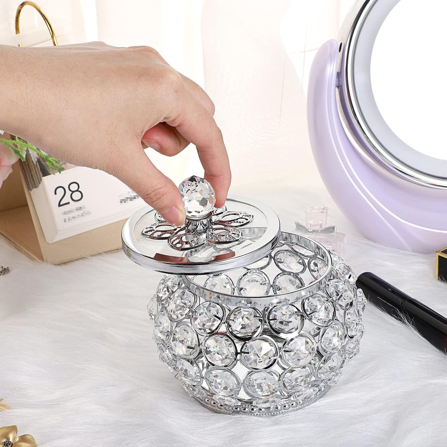 Glass Lid Trinket Organizer Mirrored Treasure Box Ring Holder Earrings Necklace / Small / Silver
