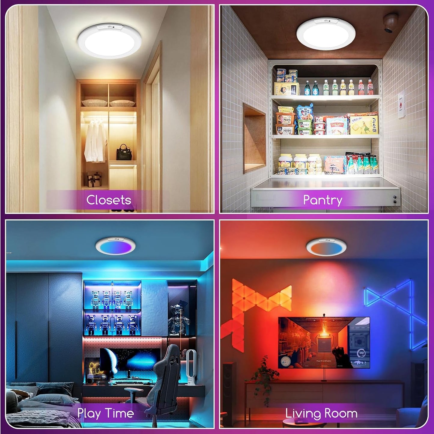 2 Pack Rechargeable Motion Sensor Ceiling Light with Remote, Wireless Battery Operated Closet Light with 13 Colors