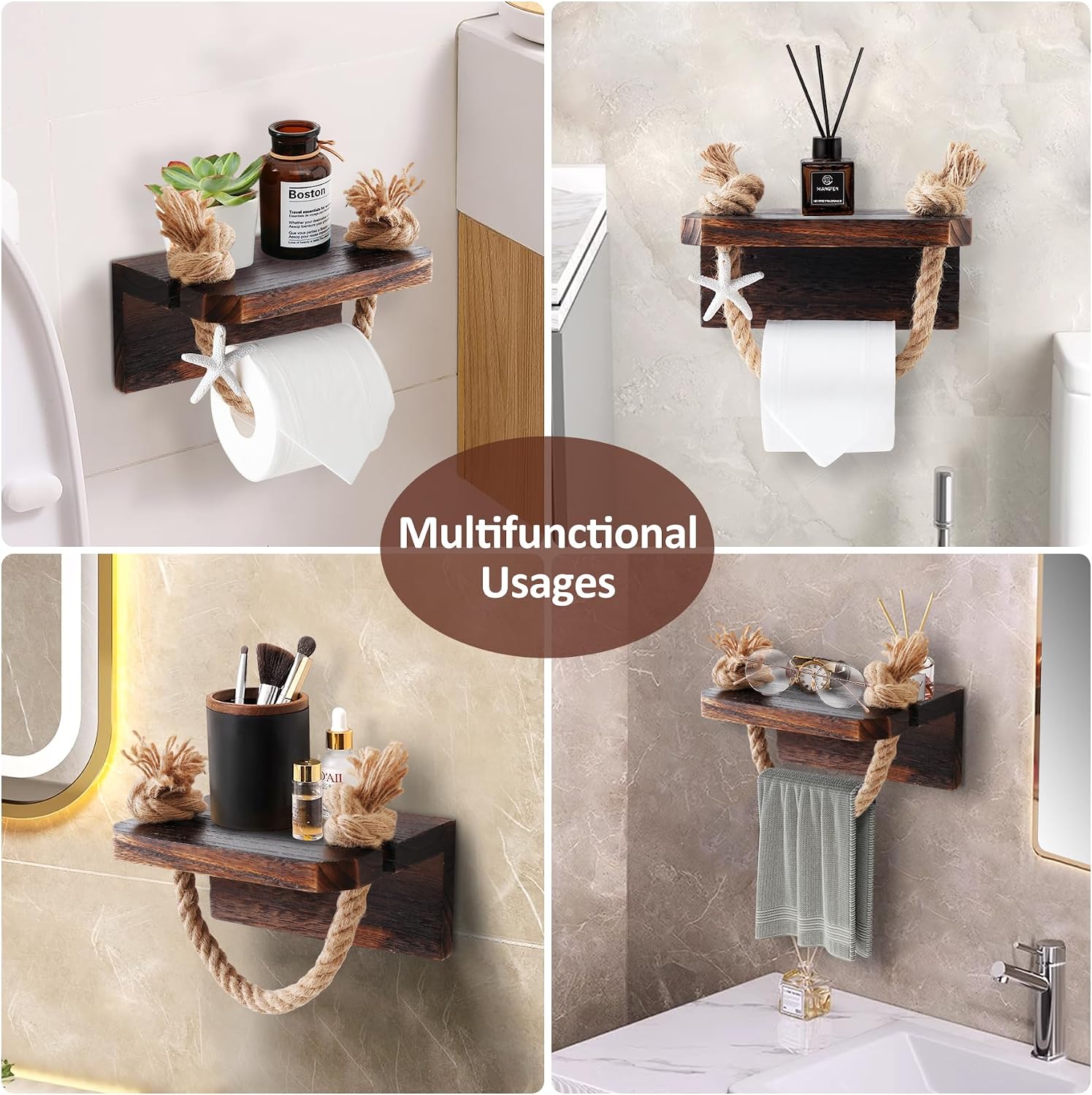 Wooden Toilet Paper Holder with Shelf Farmhouse Bathroom Decor | Rustic Rope Towel Rack Shelf Wall Mount Nautical Beach