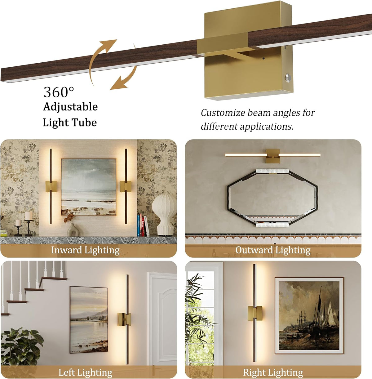 Rayogale Gold & Walnut Wireless Wall Sconce with Remote Control, 24 Inch | 3000/4500/6000K Dimmable 8000mAh