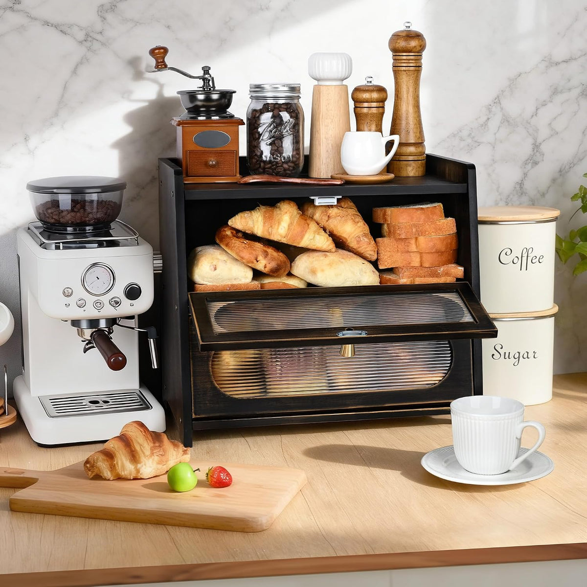 2-Tier Black Bread Box for Kitchen Countertop with Window | Farmhouse Bread Storage Container, Large Pantry Organizers