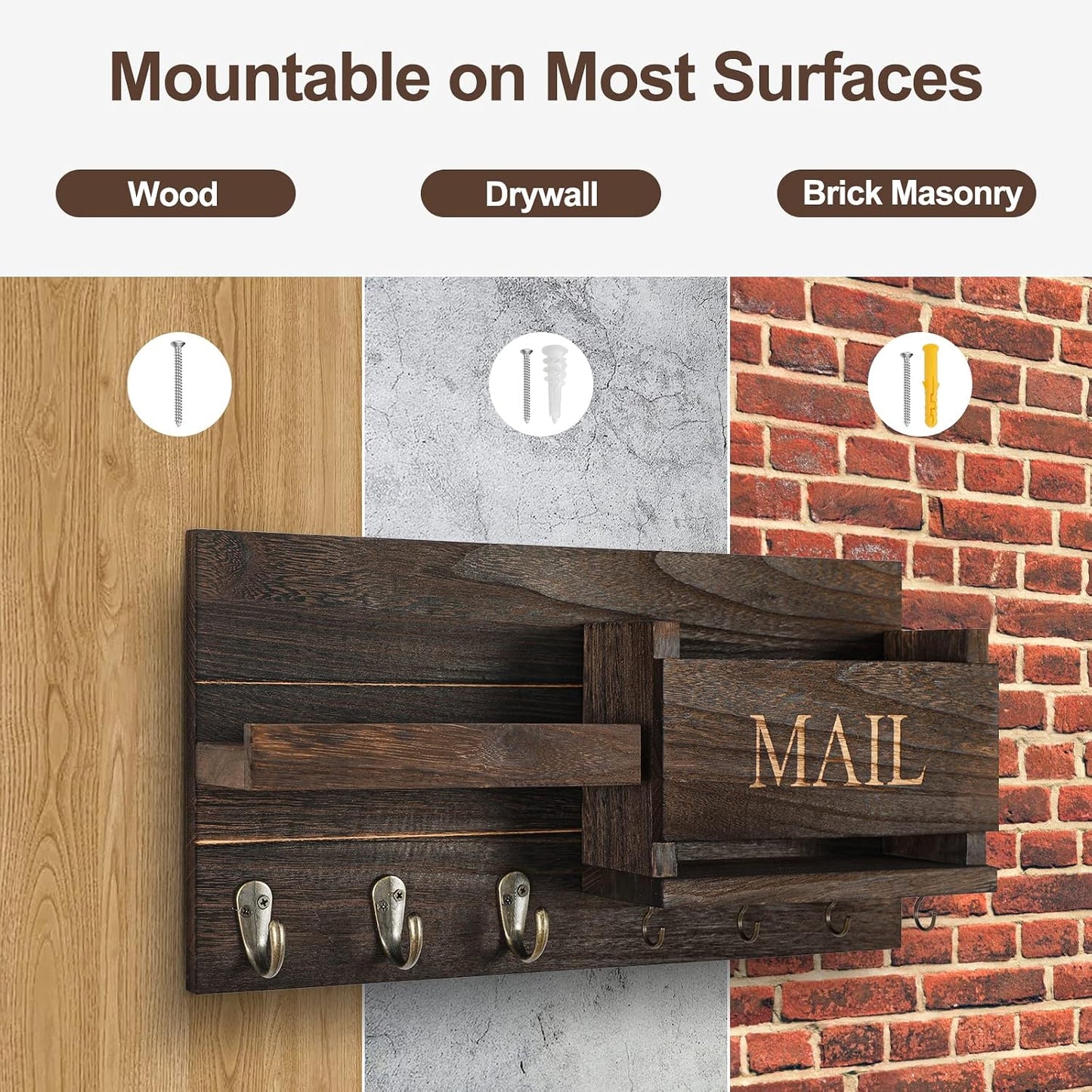 Shelf Includes Letter Holder and Hooks for Hallway Farmhouse / Brown