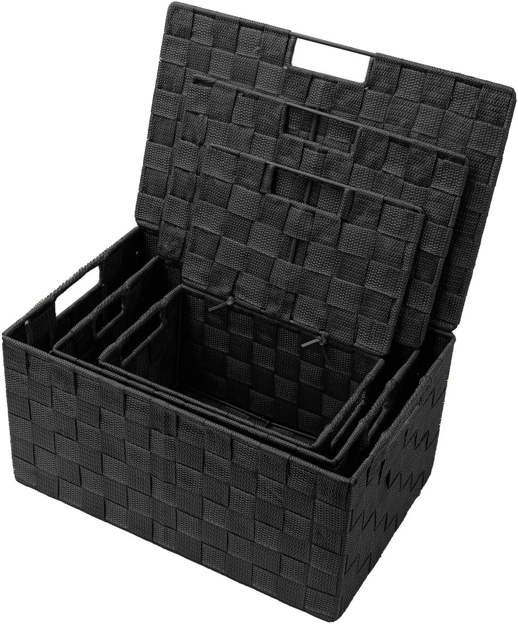 Woven Storage Baskets / Lid Bins / Black / Set of 3
