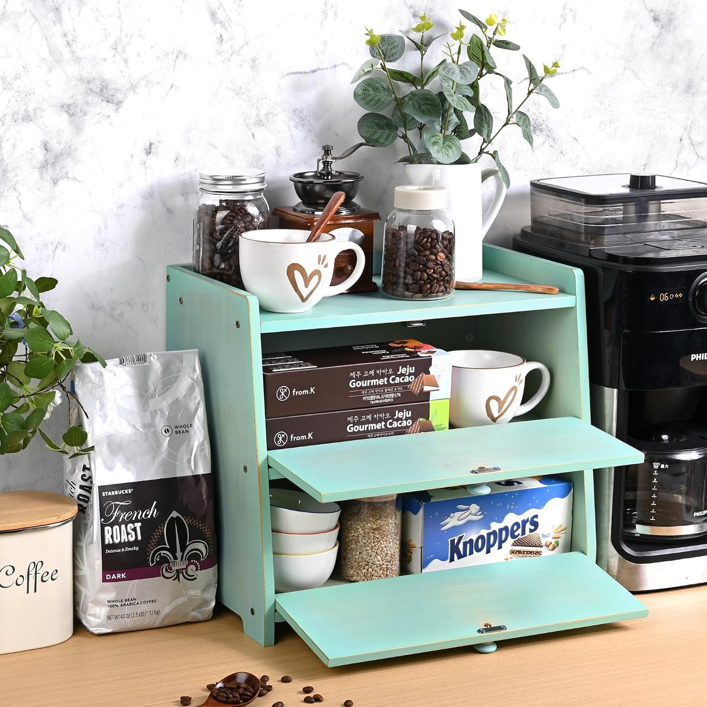Bamboo Corner Bread Box for Kitchen Countertop 2-Tier Green | Farmhouse Bread Storage Container, Large Pantry
