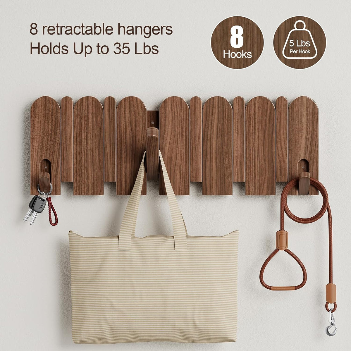 Walnut Wood Coat Rack Wall Mount,16.5" Wall Mounted Coat Rack with 8 Retractable Hangers,Heavy Duty Coat Hooks for