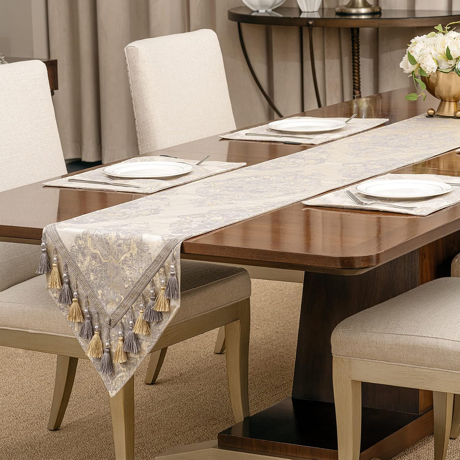 Loom and Mill Luxury Elegant Damask Table Runner 90 inches Long, Beige | Jacquard Table Runners with Handmade