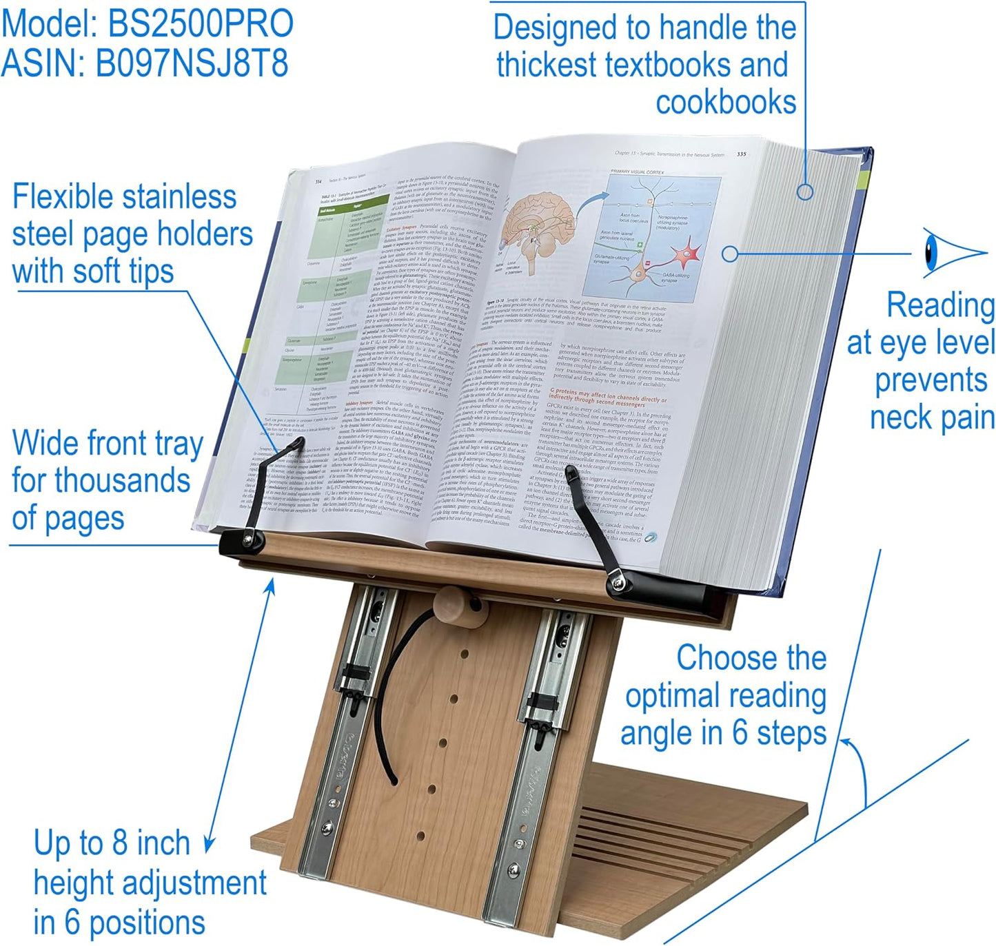 BS2500PRO XL Super Heavy Duty 15.4x10.5 Portable Height Adjustable Foldable Eye Level Bookstand Holder for Reading