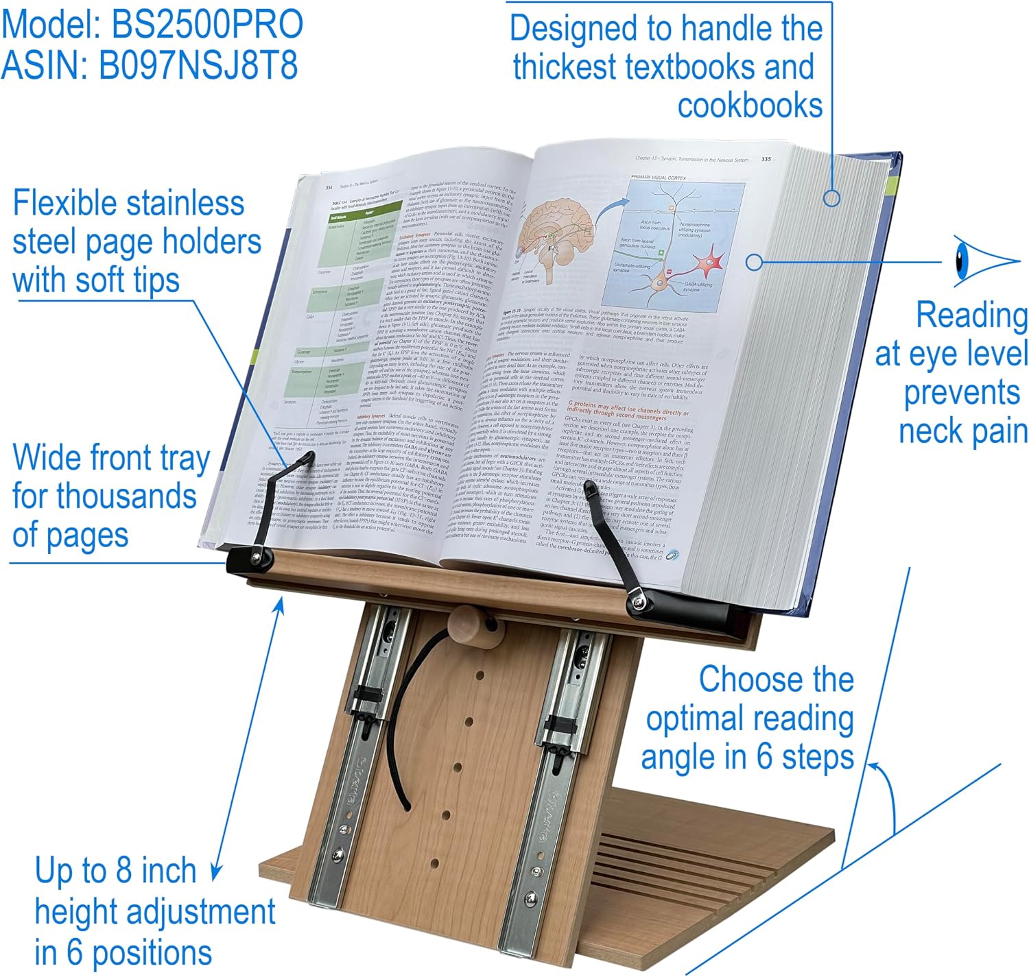 BS2500PRO XL Super Heavy Duty 15.4x10.5 Portable Height Adjustable Foldable Eye Level Bookstand Holder for Reading