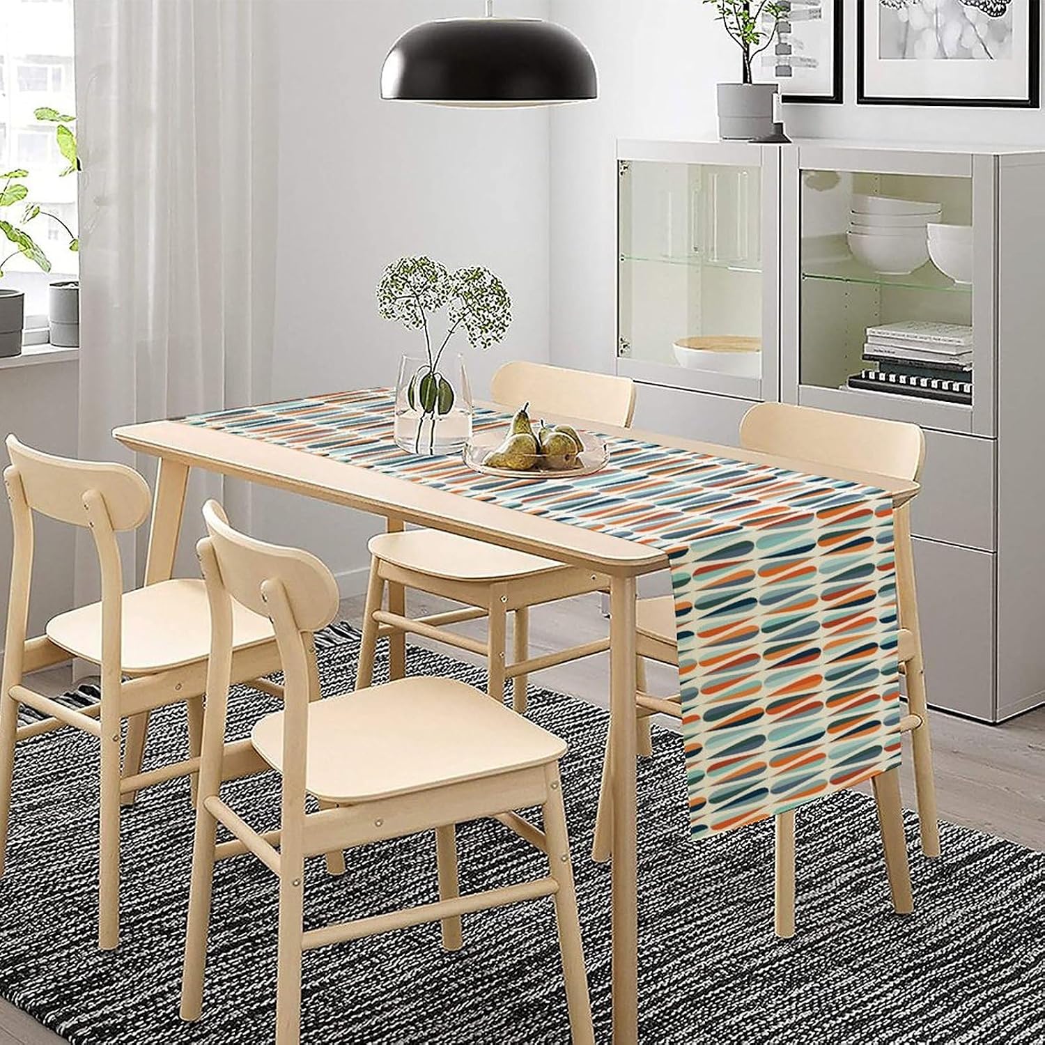 Modern Mid Century Table Runne Retro Blue Orange Grey Water Droplets Geometric Table Runner for Kitchen Dining Room