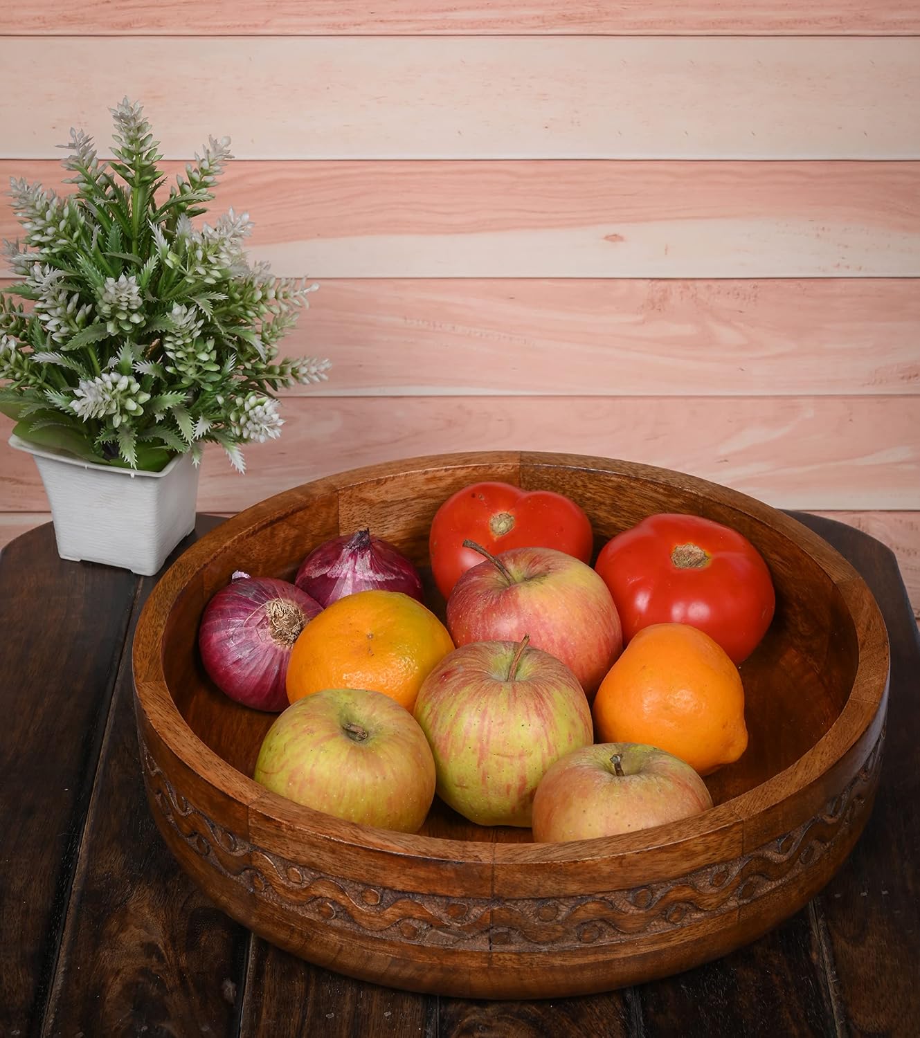 Mango Wood Decorative Round Carved Bowl for Decoration / 10 x 10 x 2.5
