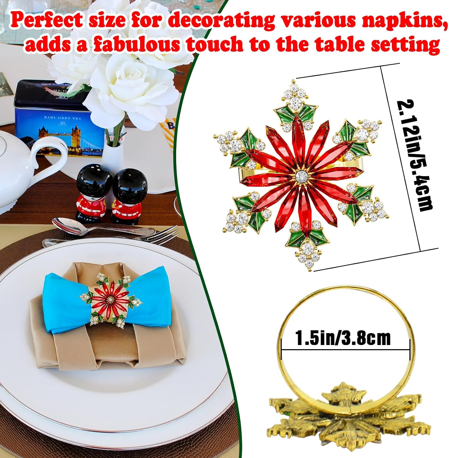 Christmas Crystal Snowflake Napkin Rings Set of 12- Rustic Dinner Tables Setting Decoration for Wedding Receptions