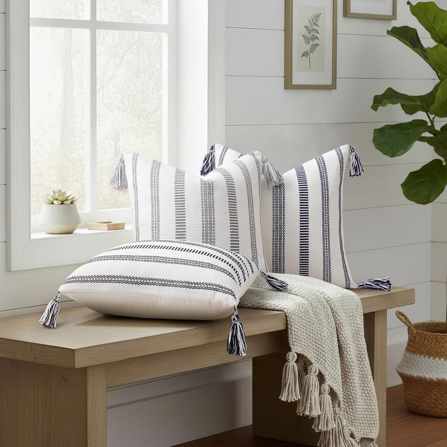 Boho Outdoor Couch Throw Pillow Covers Decorative Thick / Grey and Cream White / 20 x 20 / Set of 2