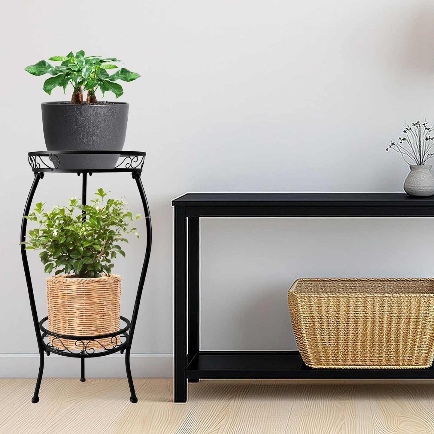 Metal Plant Stand 2 Tier Indoor Outdoor, 2 Pack Tall Flower Pot Shelf Rustproof Stable Heavy Duty Corner Stand, 28 inch