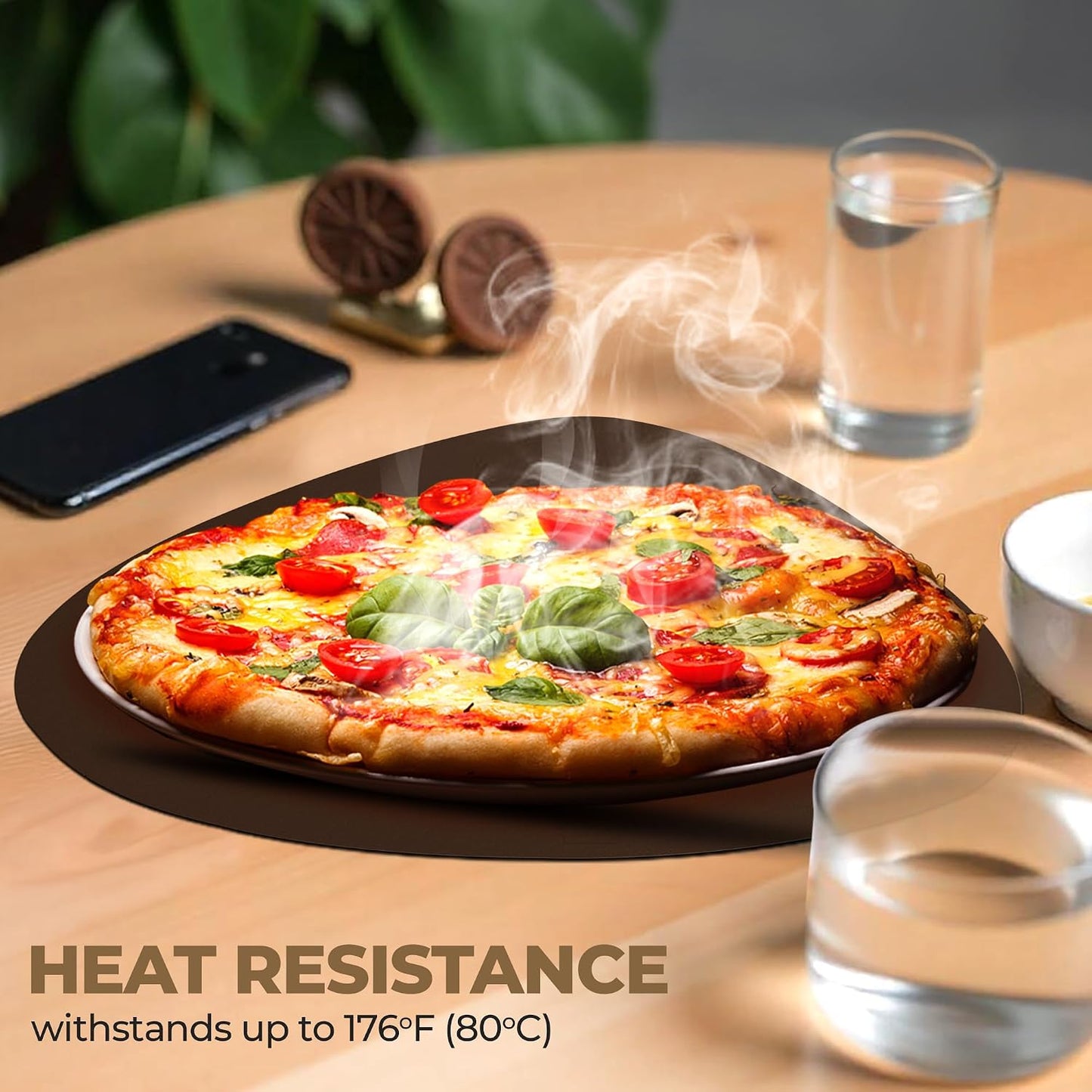 Faux Leather Placemats and Coasters - Set of 4 Round Modern Brown Table Mats for Dining - Heat Resistant, Waterproof &