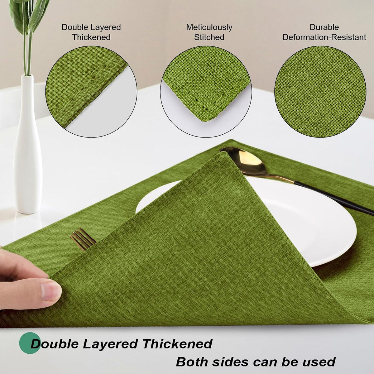 Cloth Placemats Set of 6, Cotton Linen Blend Place Mats, Grass Green | Machine Washable, Double Layered, Heat