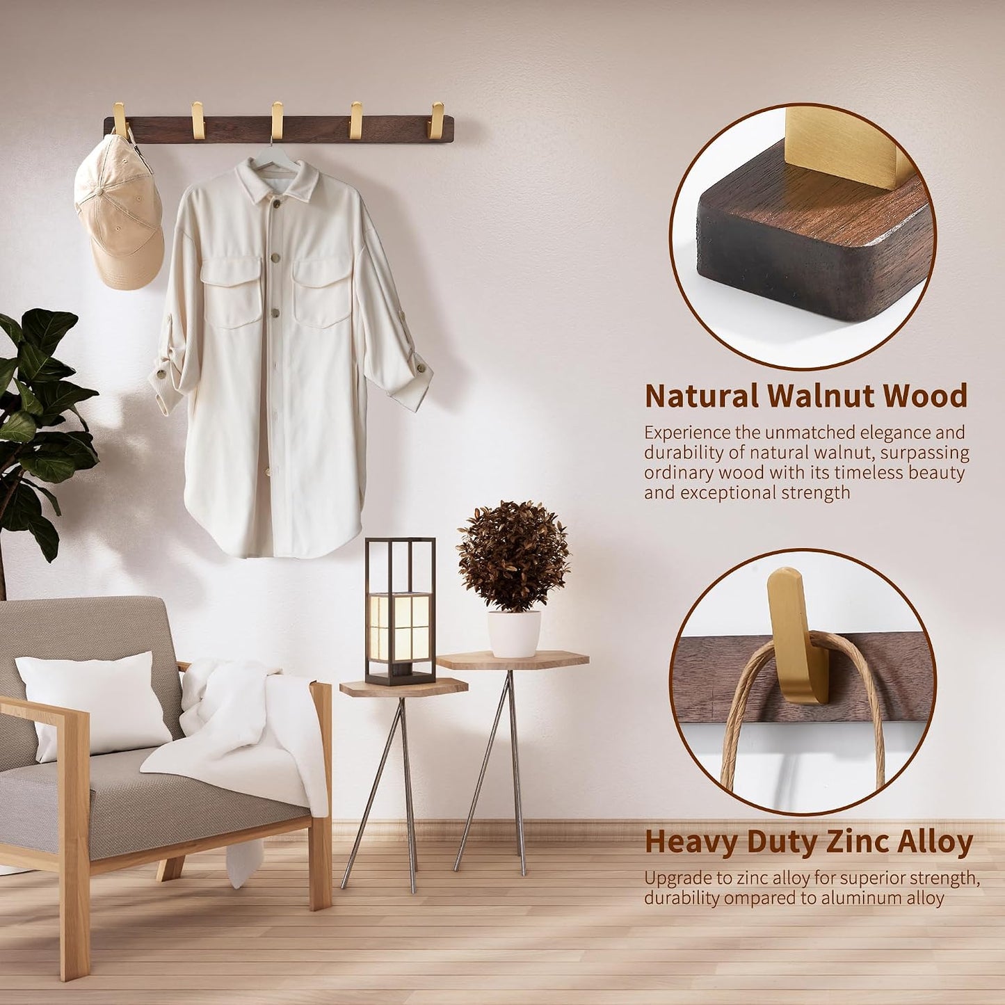 Wall Mounted Coat Rack, Metal Wood with 5 Hooks | Entryway Hanging, For Coat, Scarf, Bag, Towel, Key, Cap, Hat, Walnut
