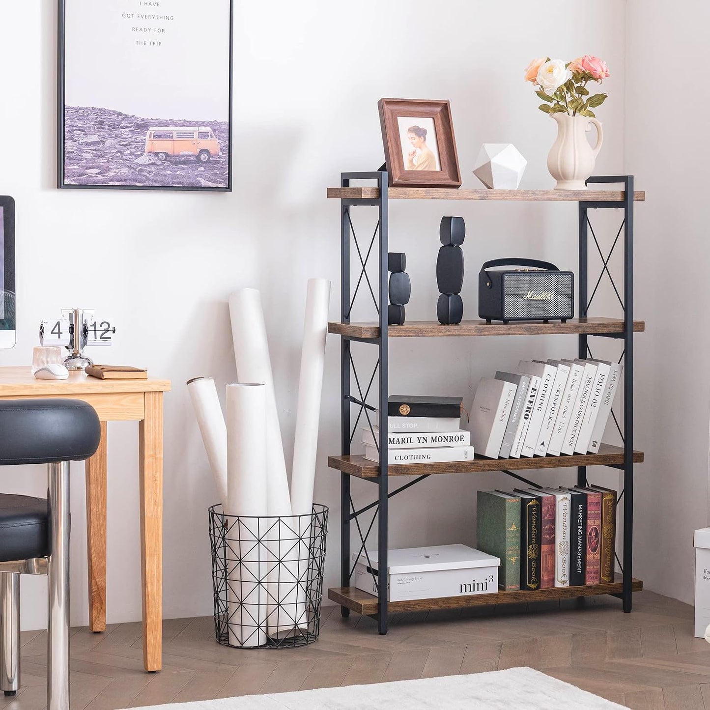 Metal Frame / Rustic Open Book Shelf / 4-tier / Rustic Brown