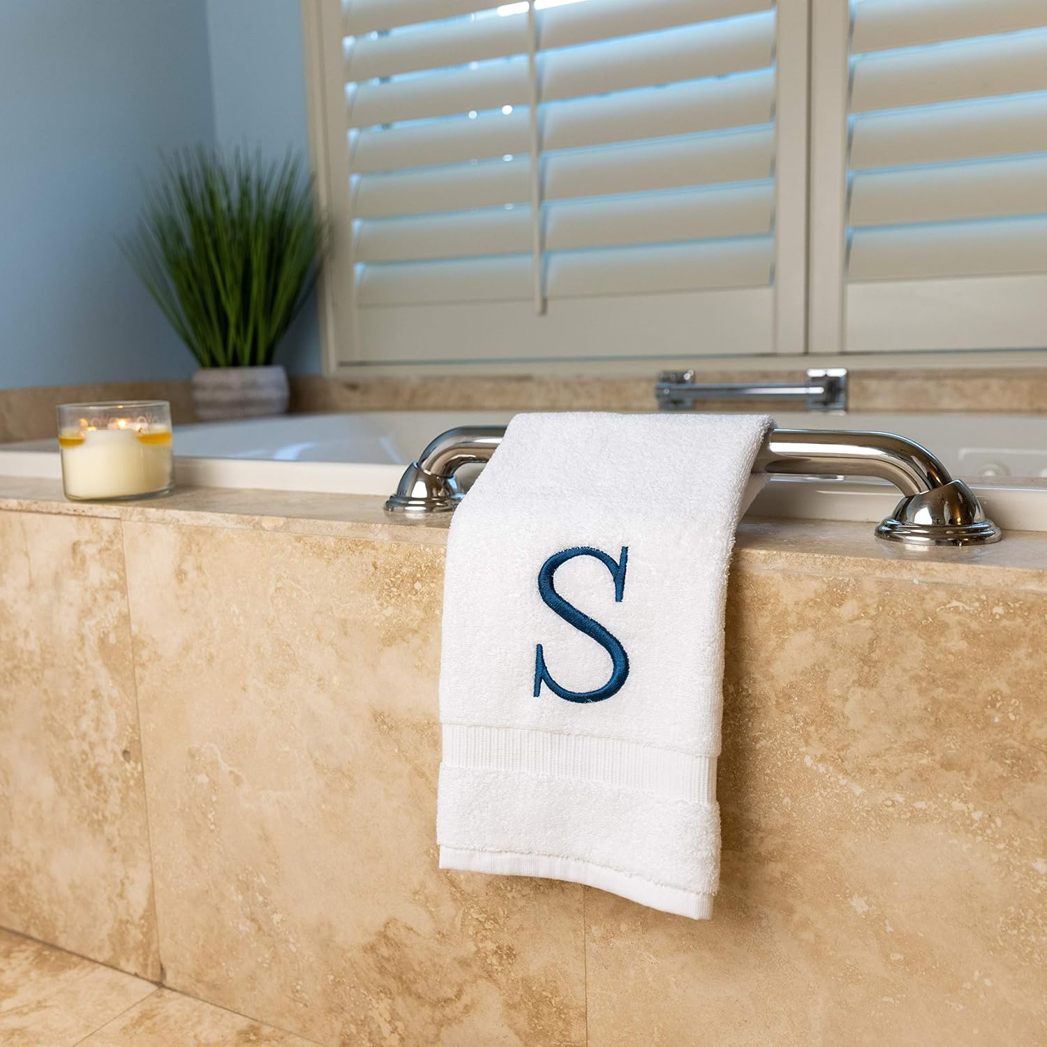 White with Navy Monogrammed Hand Towels for Bathroom - Set of 2 Letter S | Luxury Hotel Quality Initial Towels For