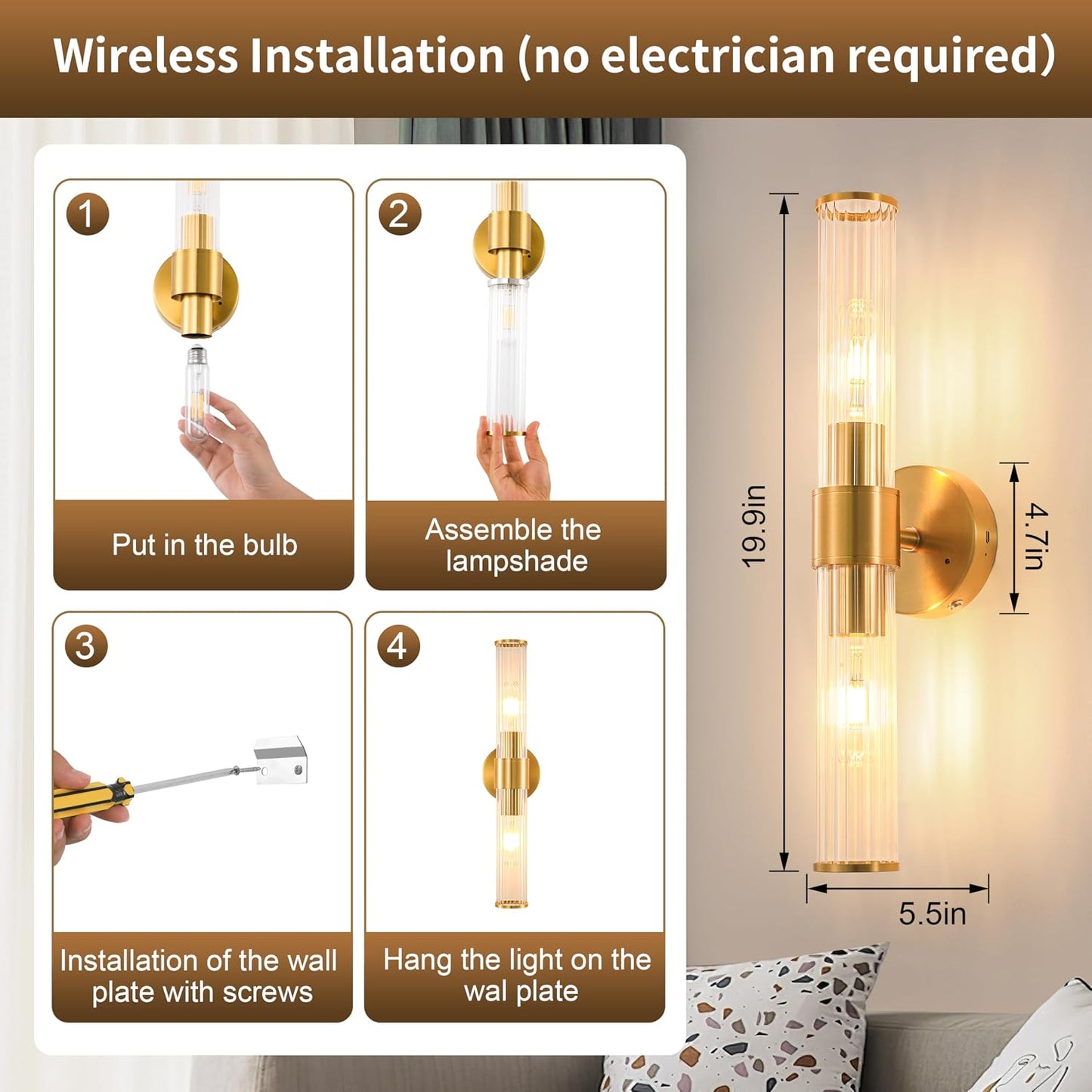 Gold Battery Operated Wall Sconces Set of Two, Dimmable Rechargeable Sconce | Wireless Wall Light with Remote Control