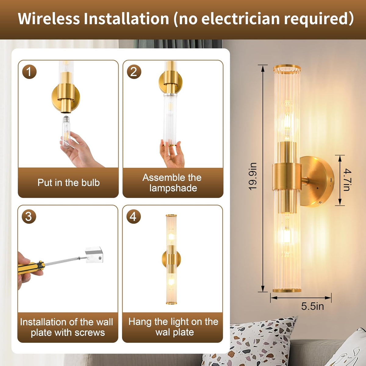 Gold Battery Operated Wall Sconces 1 Pack, Dimmable Rechargeable Sconce | Wireless Wall Light with Glass Lamp Shade