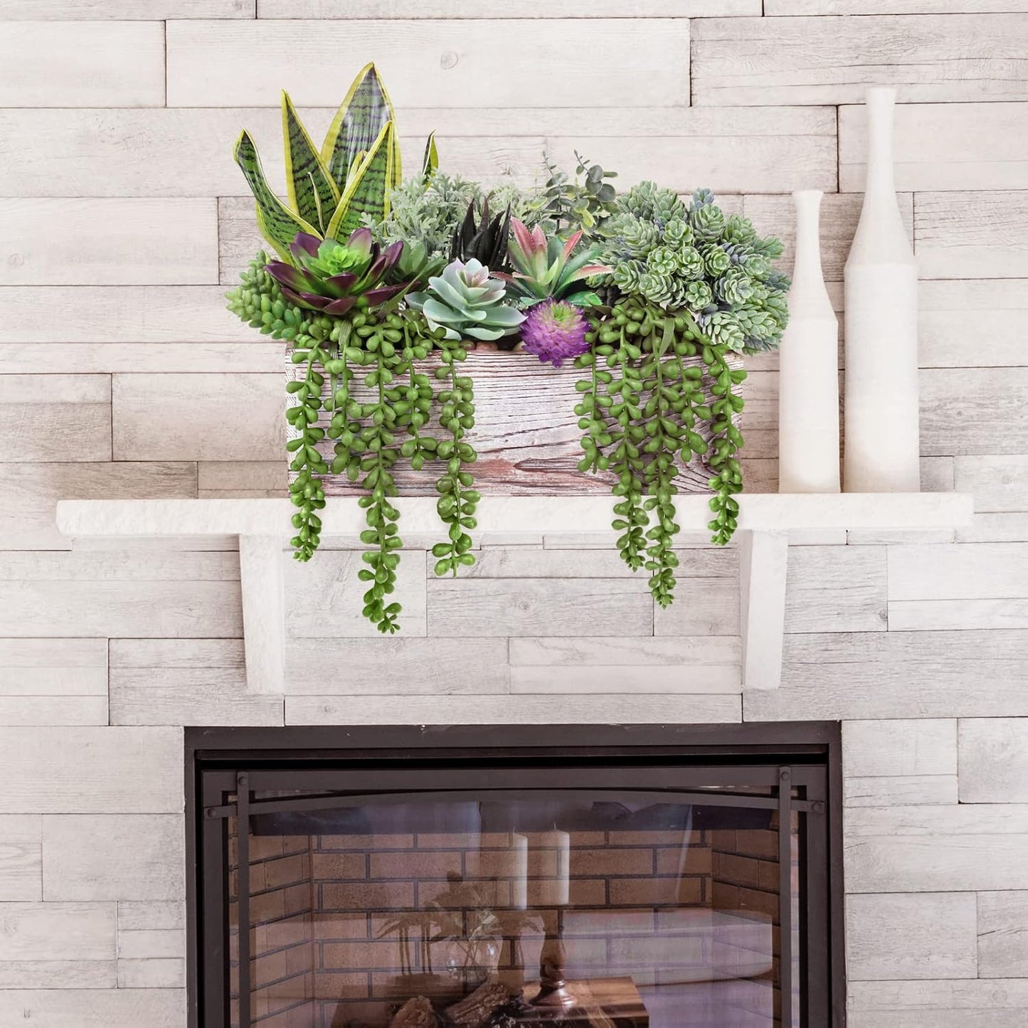 Assorted Artificial Succulents Fake Plants in Rectangular Wooden Pots Artificial Potted / Set of 14