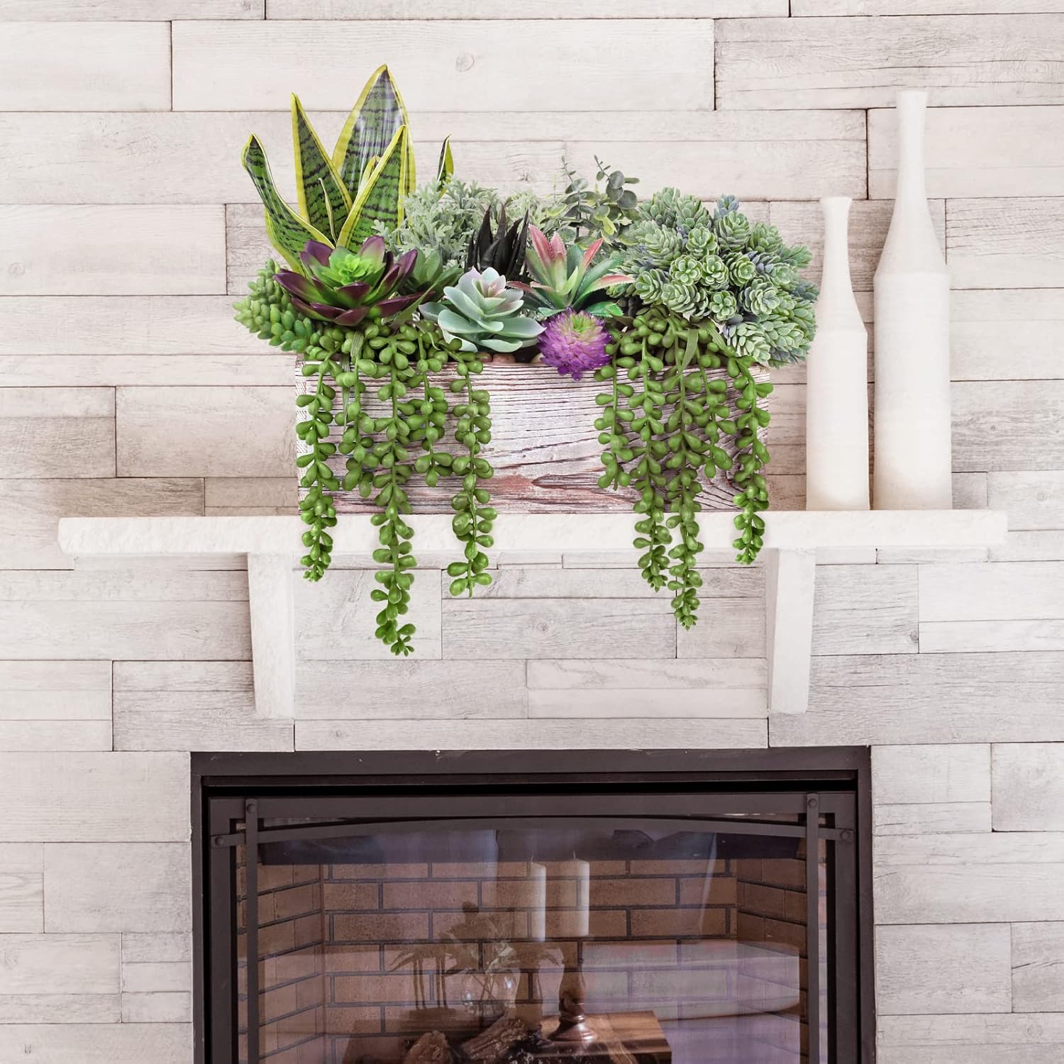 Assorted Artificial Succulents Fake Plants in Rectangular Wooden Pots Artificial Potted / Set of 14
