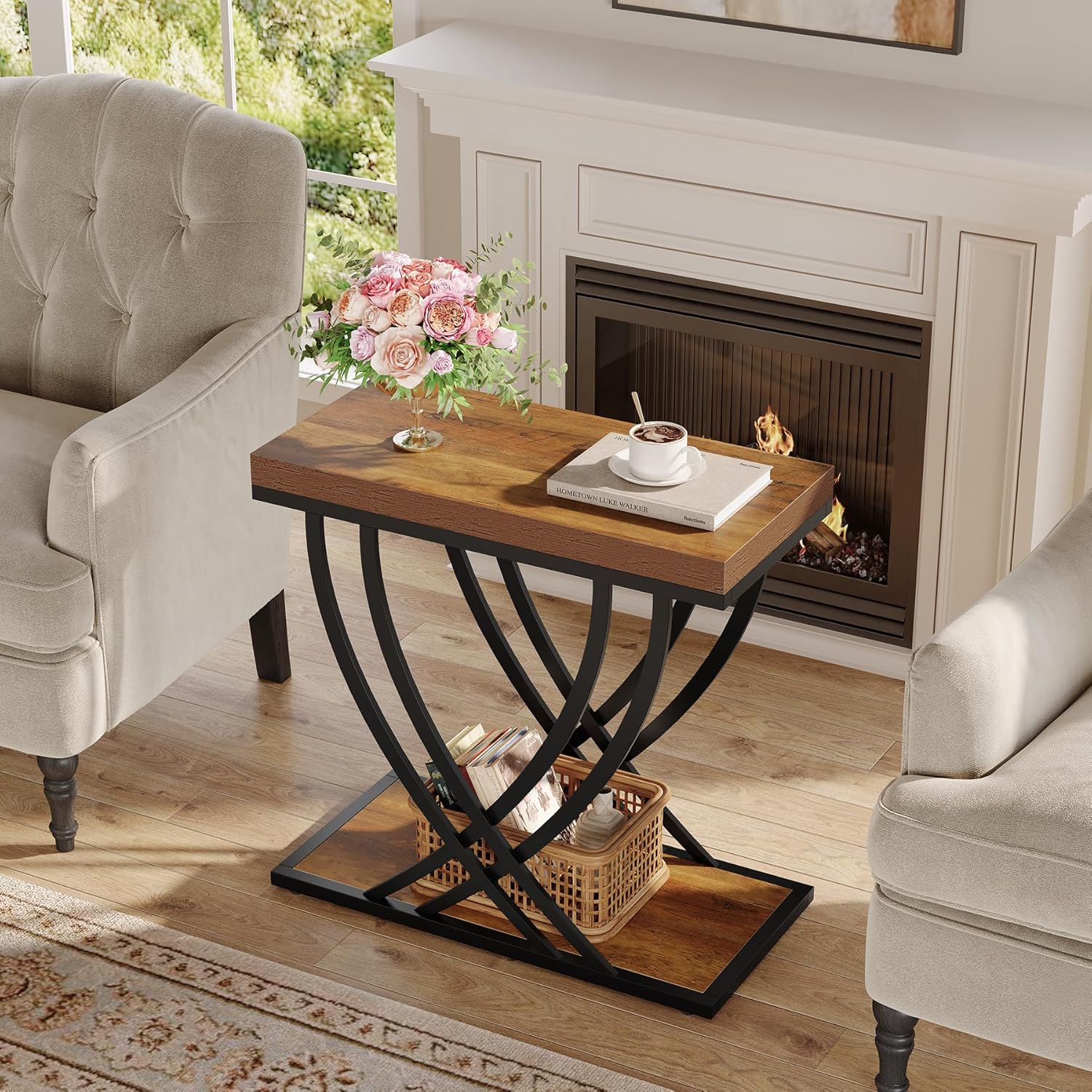 Metal Frame / 2-Tier Narrow End Table / Rustic Brown