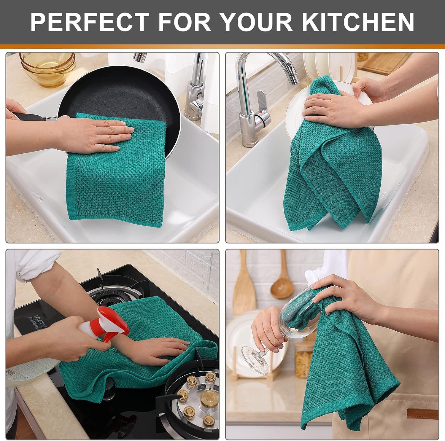 Kitinjoy 100% Cotton Waffle 8-Pack Kitchen Towels, 13" x 28", Teal | Super Soft, Ultra-Absorbent, Fast Drying