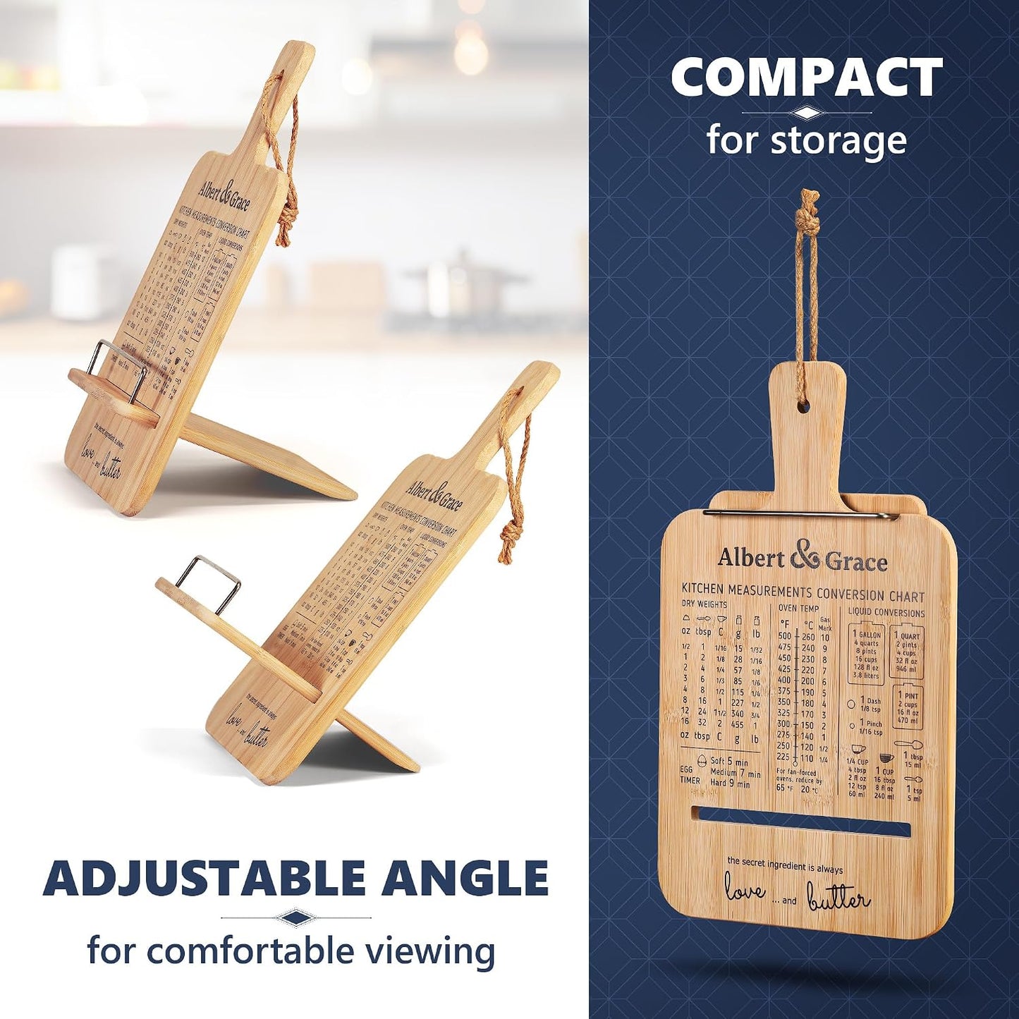 Albert&Grace Adjustable Bamboo Cookbook Stand with Conversion Chart | Recipe Book Holder for Kitchen Counter, Large