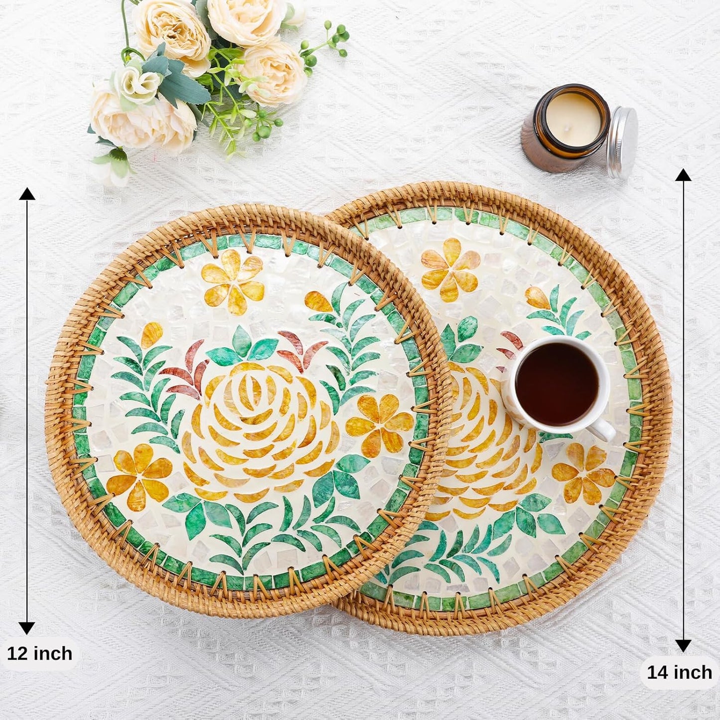 14" Large Rattan Serving Tray / Peony Flower / Set of 14