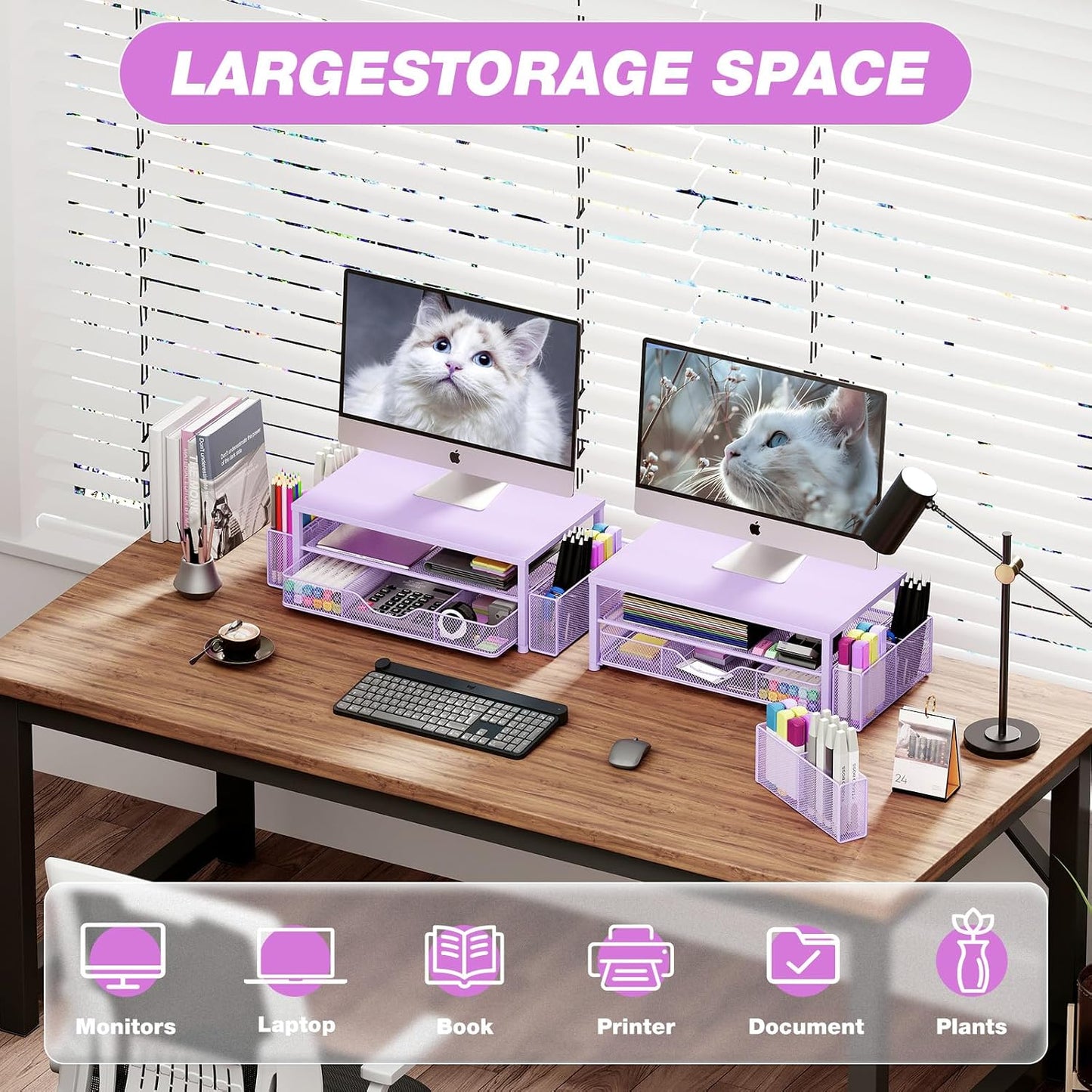 Desk Organizer and Accessories, 2-Tier Computer Monitor Stand Riser with Drawer and 2 Pen Holders, Laptop Stand, Office