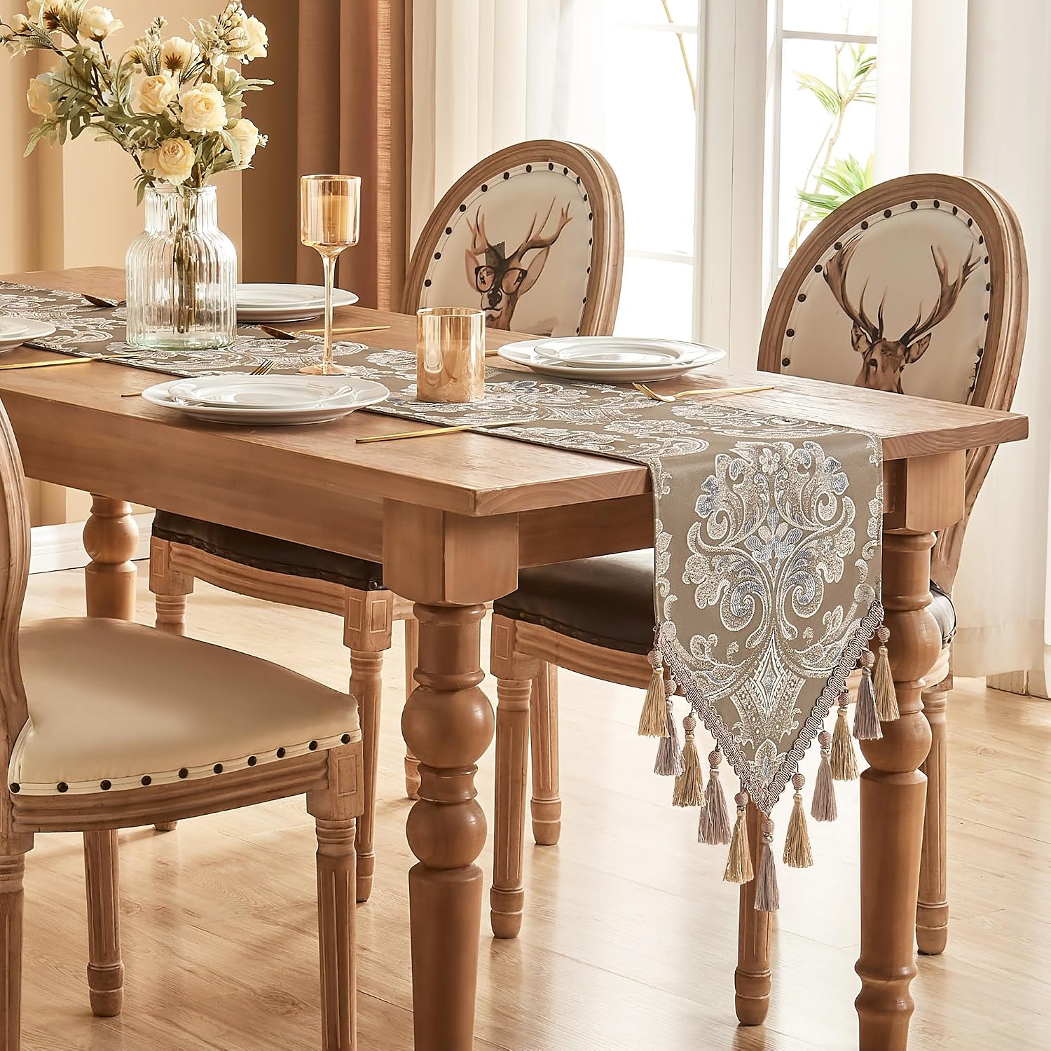 Loom and Mill Damask Floral Table Runner 72 Inches Long, Light Coffee | Luxury Jacquard Dining Table Runner with