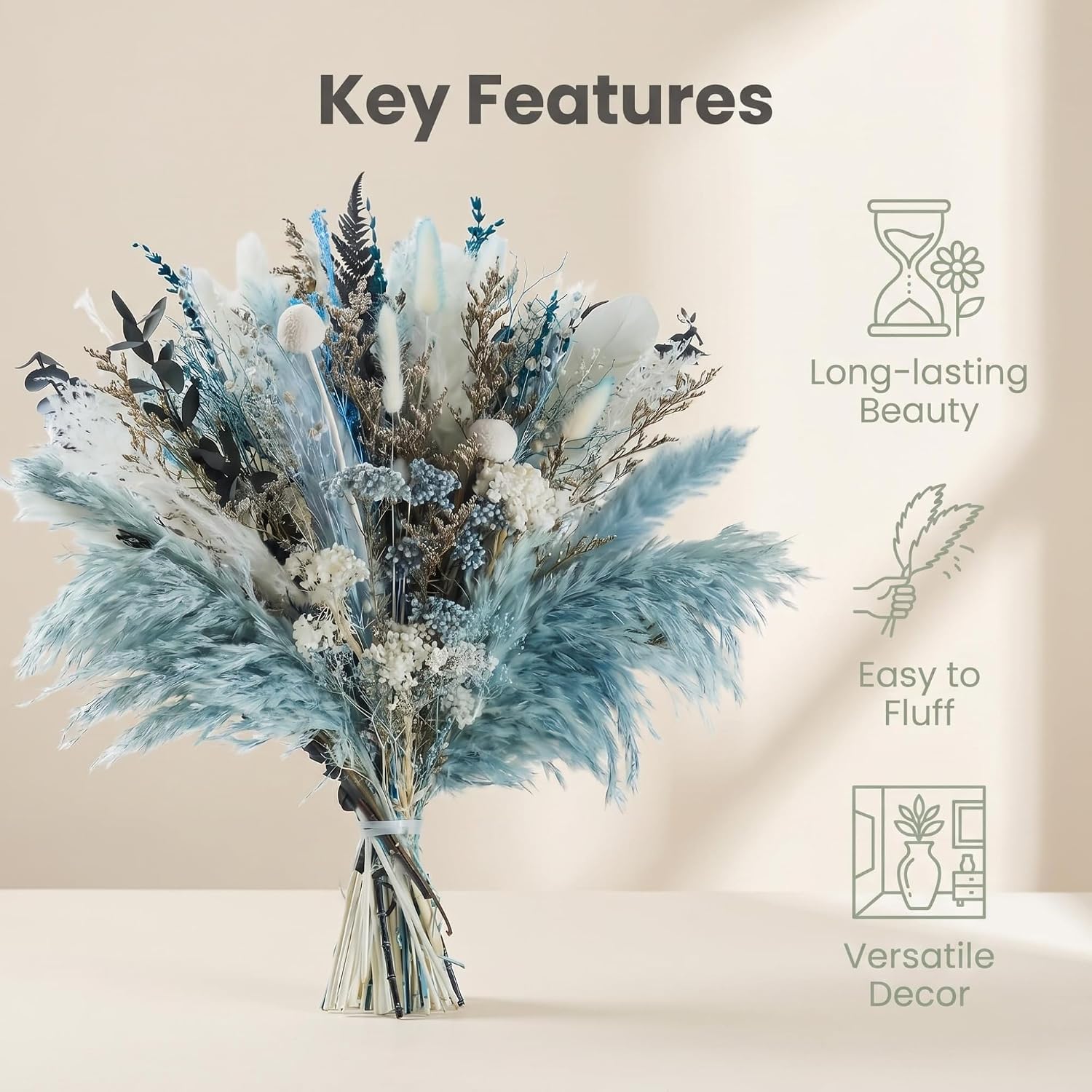 Dried Flowers / Eucalyptus & Reeds Bouquet for Boho Rustic Home Decor / Light Blue