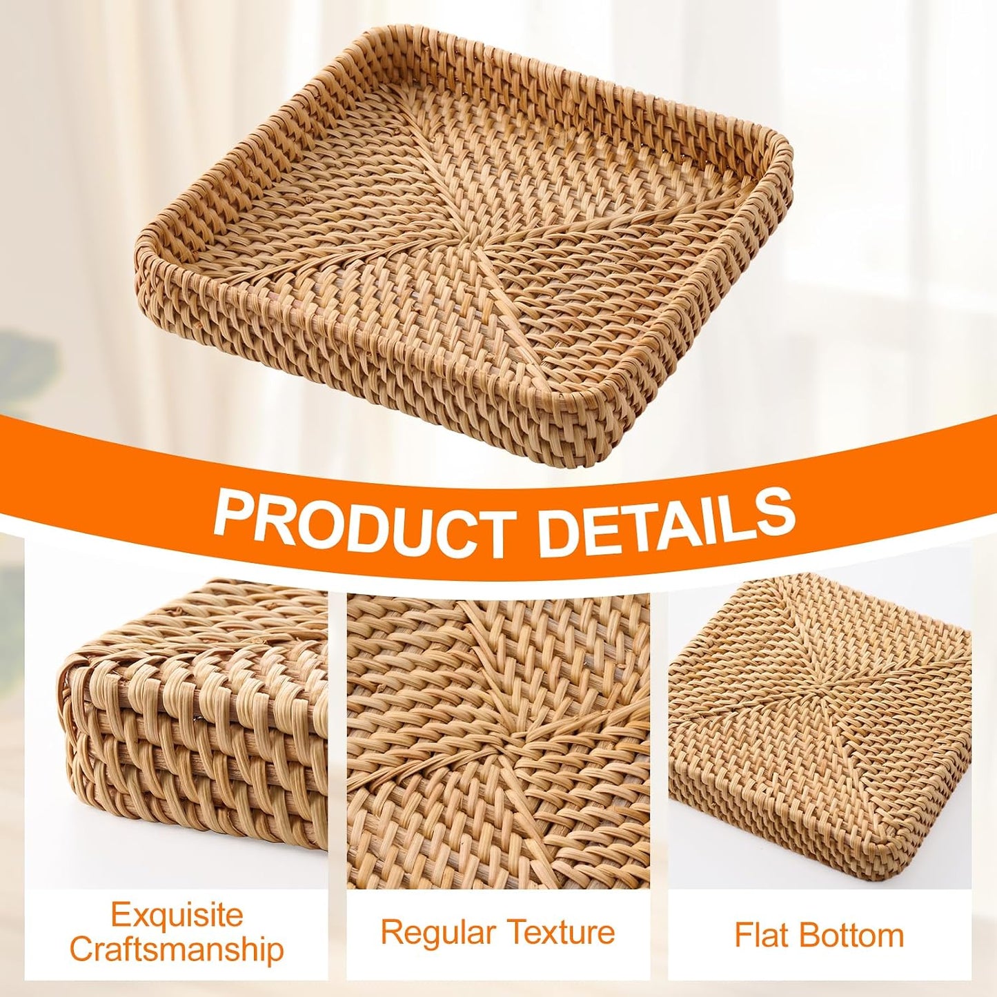 Square Rattan Tray Set 8" Vietnam Rattan Decorative Tray Entryway Key Basket Hard Wicker / Set of 2