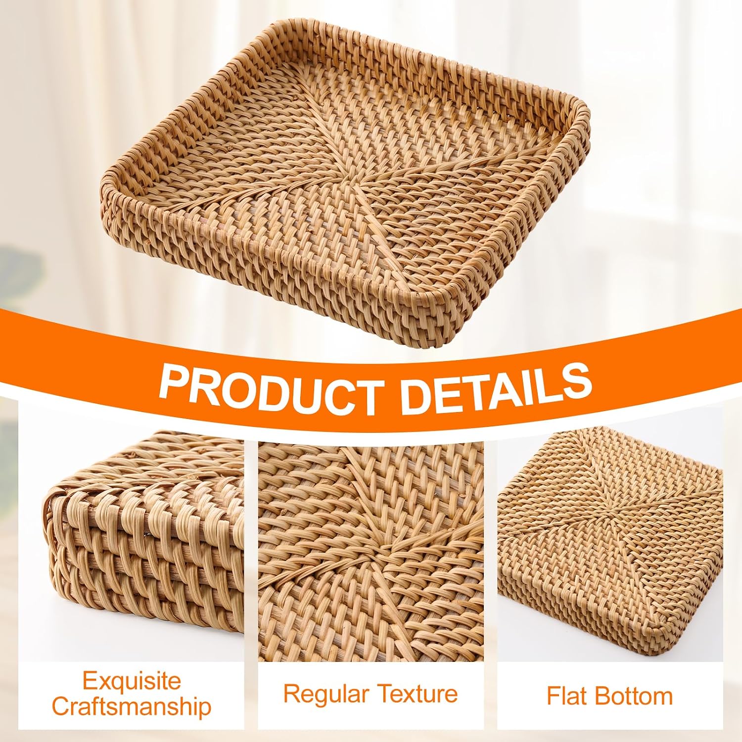 Square Rattan Tray Set 8" Vietnam Rattan Decorative Tray Entryway Key Basket Hard Wicker / Set of 2